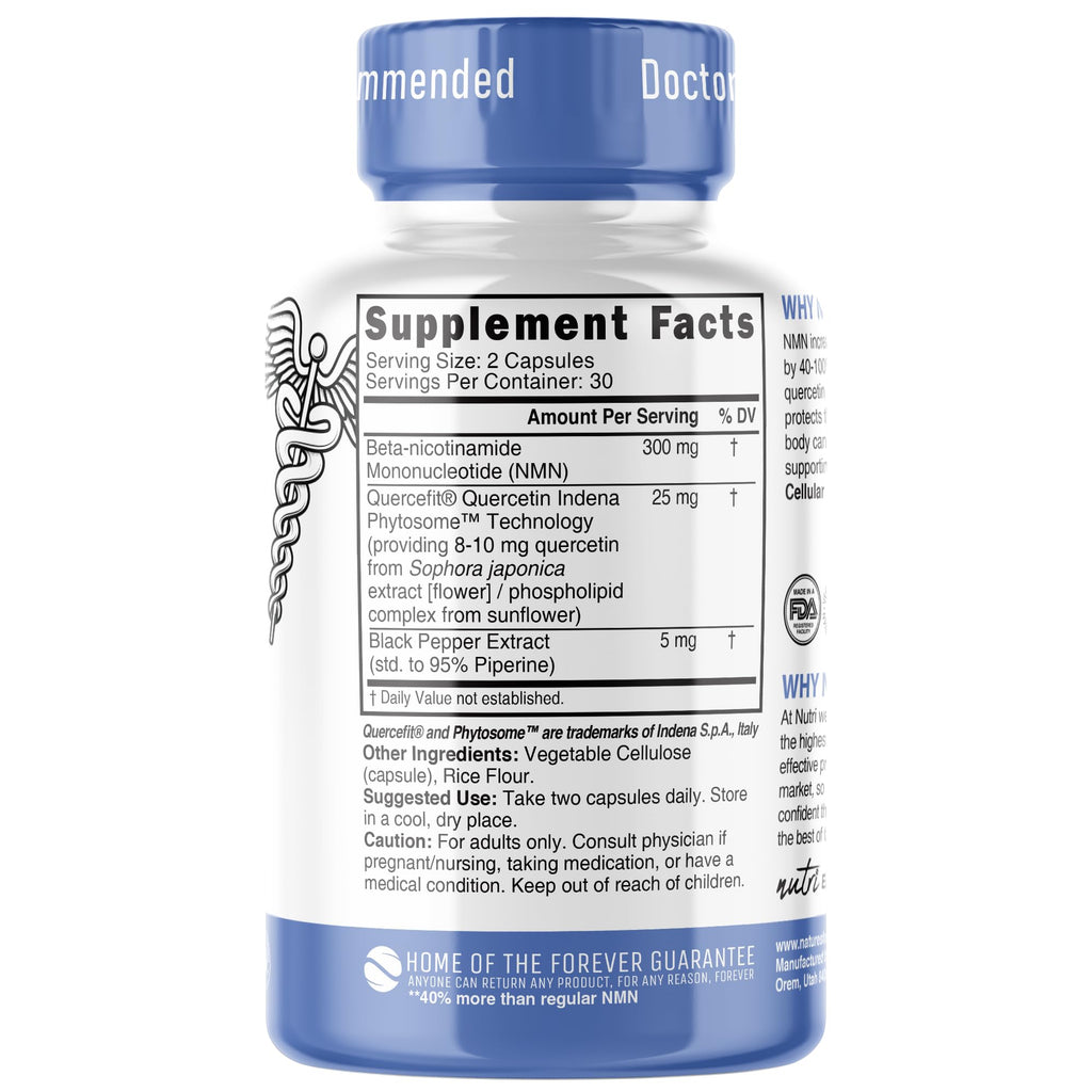 NMN Supplement 300mg NAD Supplement - Nutri Ultra High Absorption Stabilized NMN Nicotinamide Mononucleotide, 40% More NAD+ with Quercetin Phytosome & Black Pepper - mnm supplement (60 Capsules) Nature's Fusions Au supplements