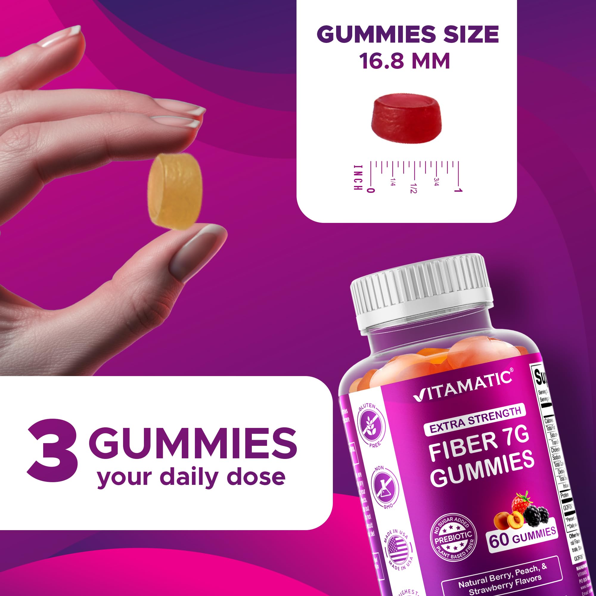 Vitamatic Prebiotic Fiber Gummies for Adults – 2 Pack (Total 120 Gummies) 7g Fiber per Serving | Extra Strength | Zero Sugar Added | Pectin-Based