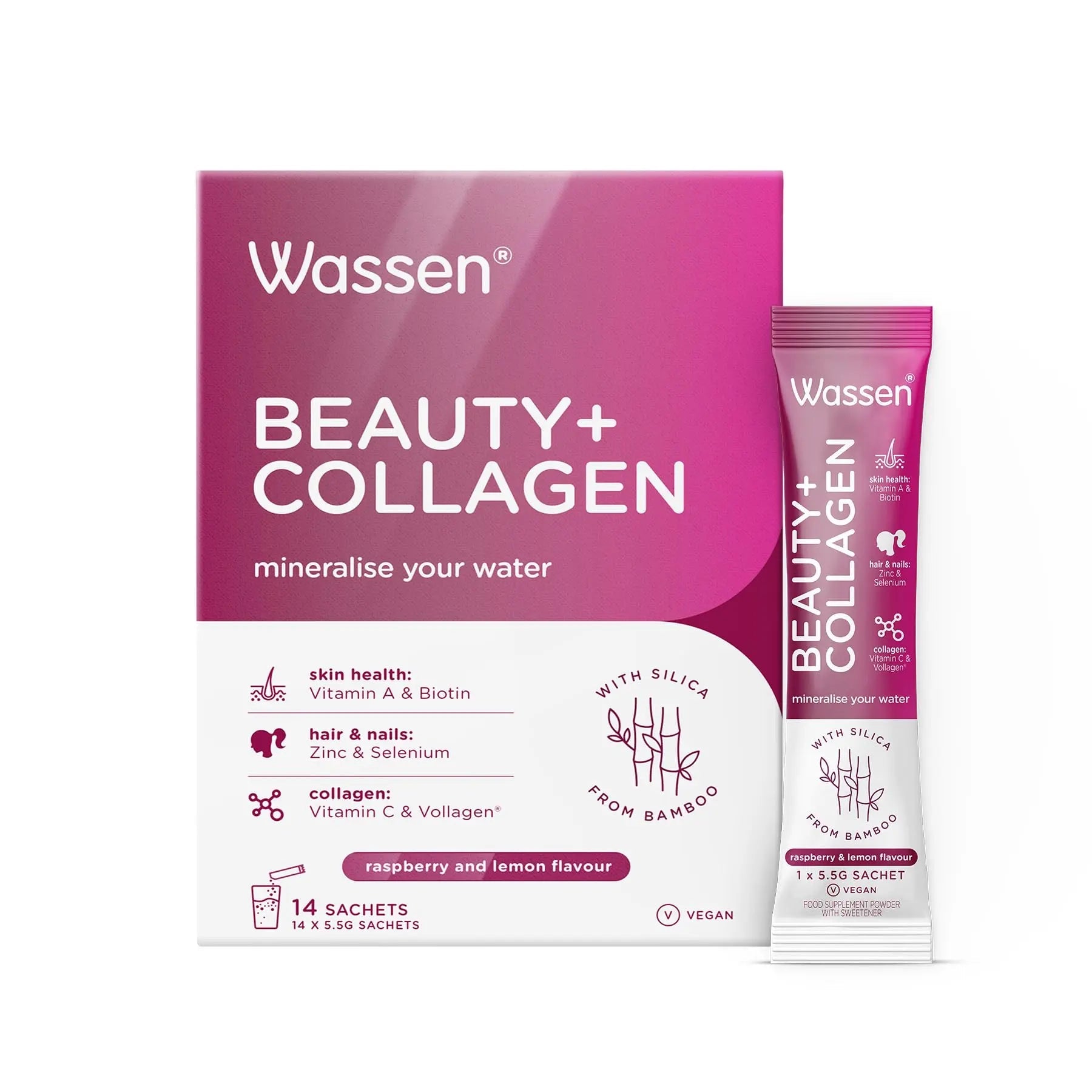 Wassen Beauty and Collagen - Plant-Based Vegan Collagen - 14 Raspberry & Lemon Flavoured Sachets Wassen Au supplements