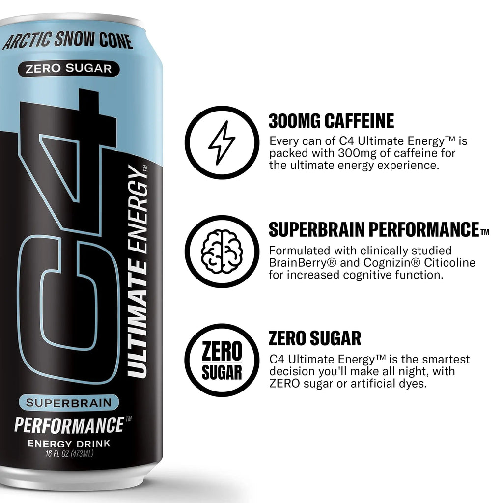 C4 Ultimate Sugar Free Energy Drink 16oz (Pack of 24) | Arctic Snow Cone | Pre Workout Cellucor Au supplements