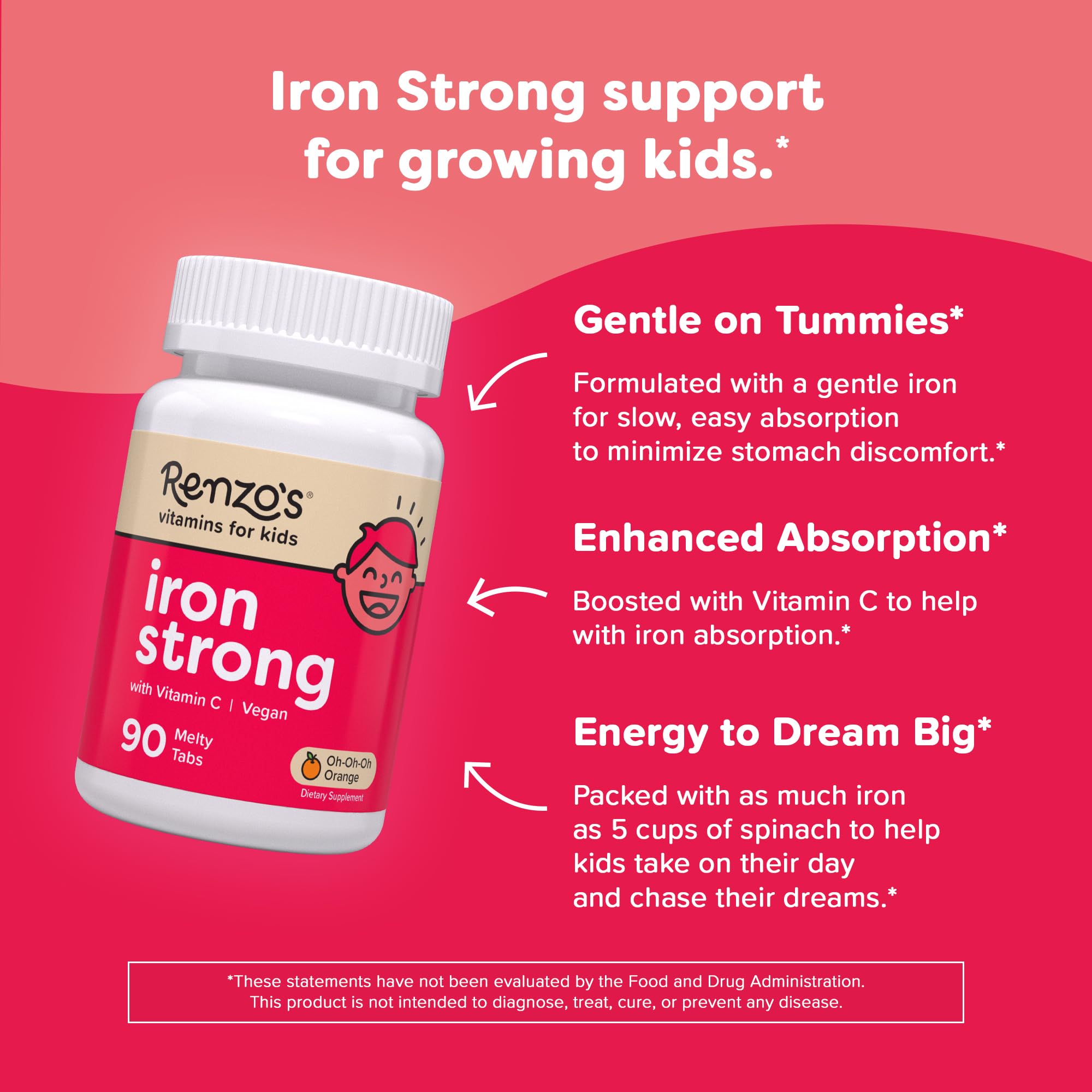 Renzo's Iron Supplements for Kids, Dissolvable Vegan Kids Iron Supplement with Vitamin C, Sugar-Free Melty Tabs