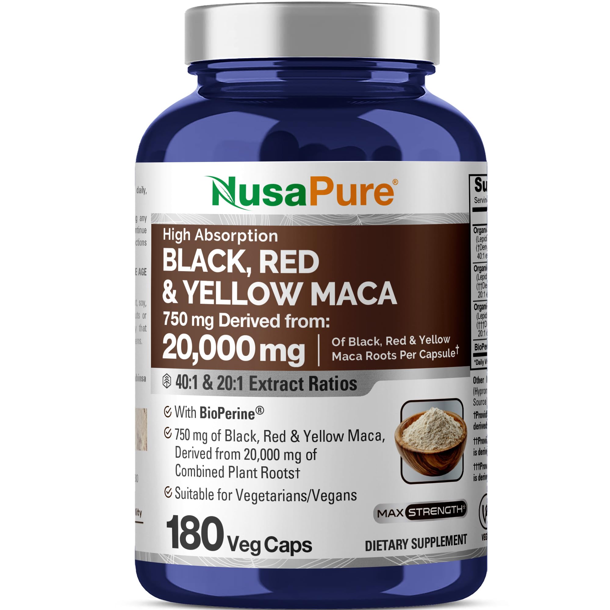 NusaPure Maca Root Black, Red, Yellow 20,000mg - 180 Vegan Capsules (Vegan,Non-GMO, Gluten Free) Bioperine NusaPure Au supplements