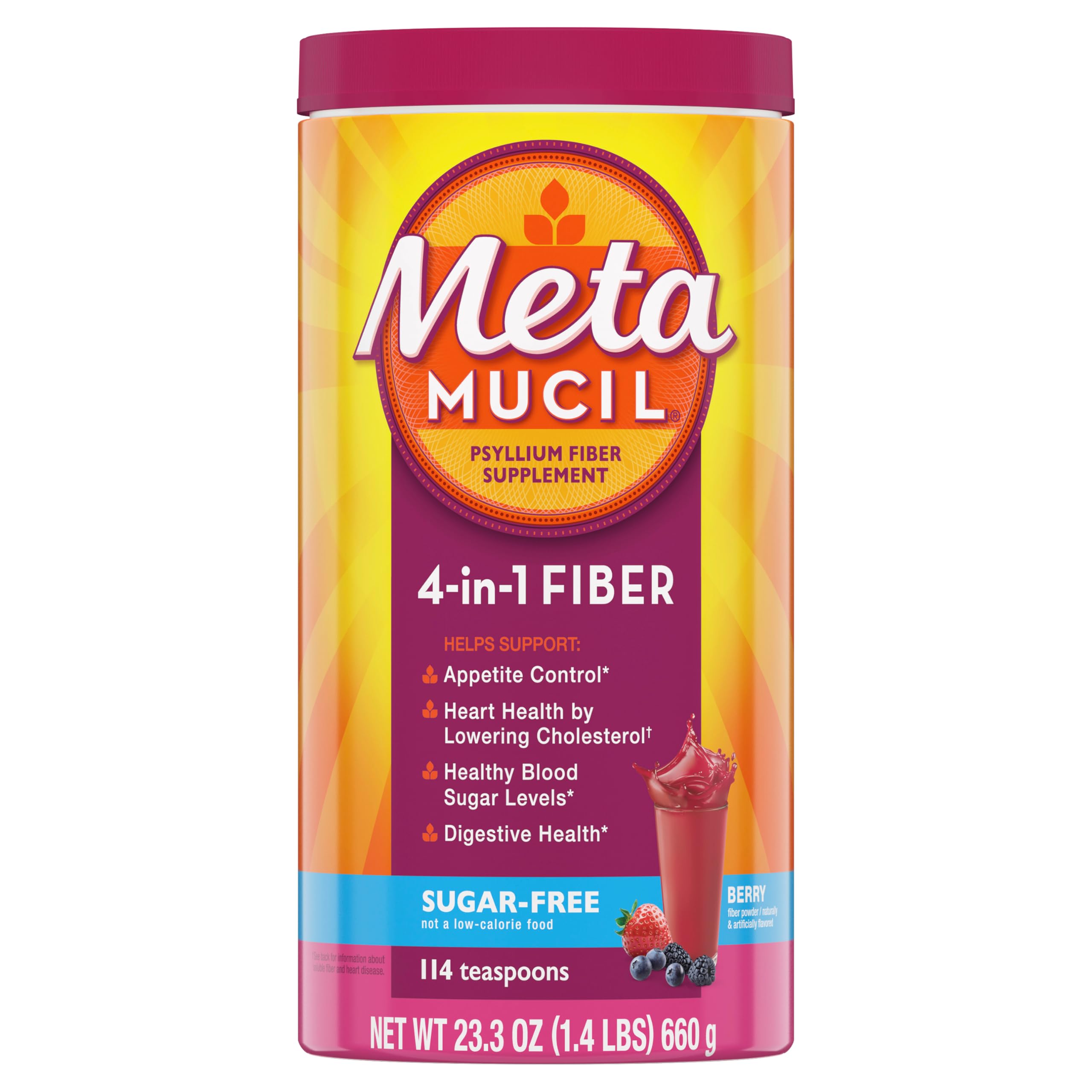 Metamucil, 4-in-1 Fiber Supplement, Psyllium Husk Powder, Sugar-Free Powder, Berry Flavored Drink, 114 Servings