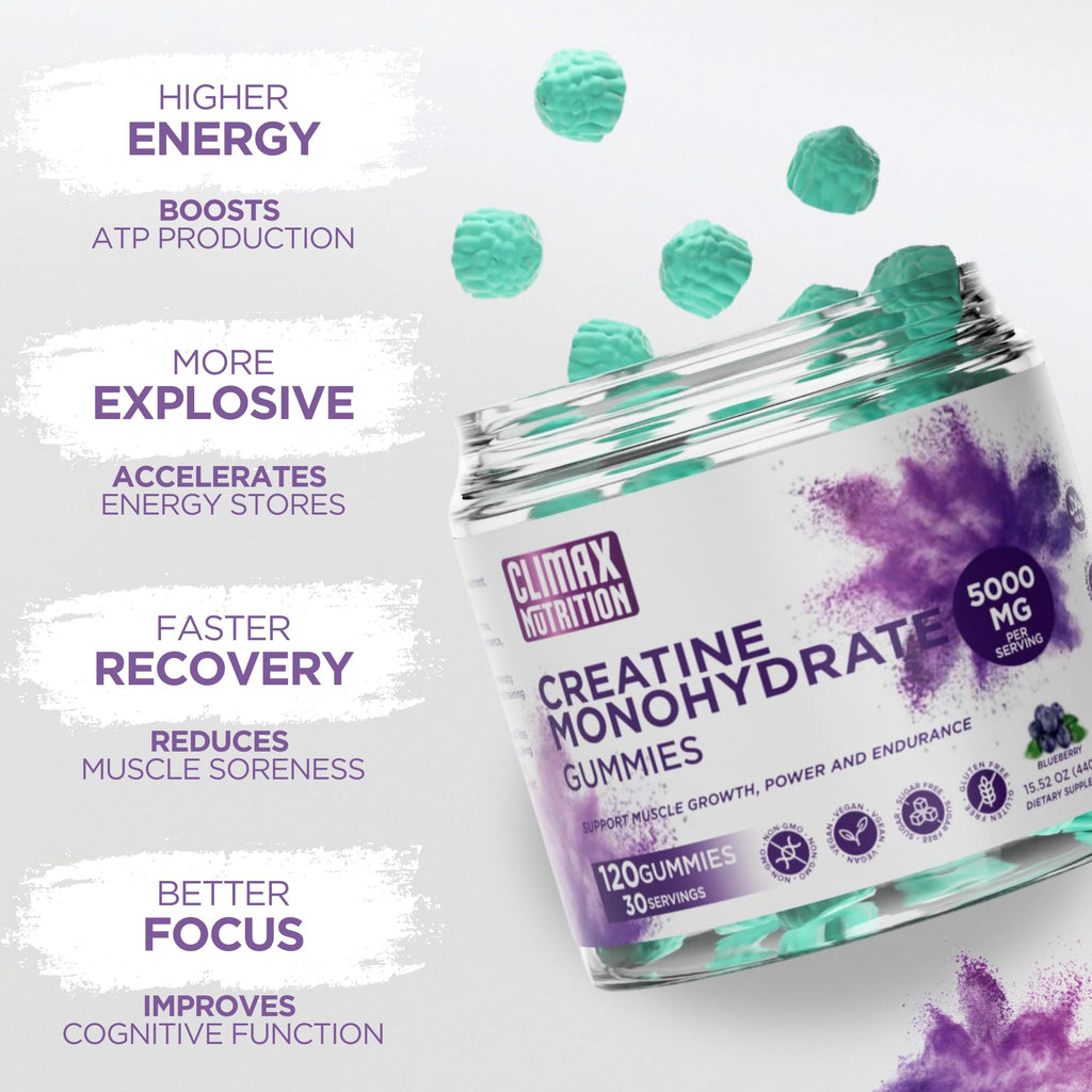 Creatine Monohydrate Gummies - Vegan, Sugar-Free, Gluten-Free - Boosts Muscle Recovery, Strength & Lean Muscle Growth - Brain Health Support - for Men & Women - Blueberry Flavor - 120 Gummies CLIMAX NUTRITION Au supplements
