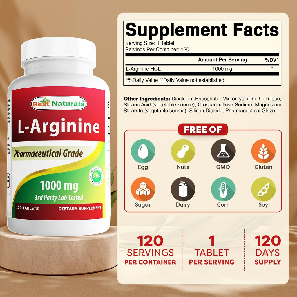 (New Improved Formula) Best Naturals L-Arginine 1000 mg 120 Tablets - Pharmaceutical Grade L Arginine Supplement