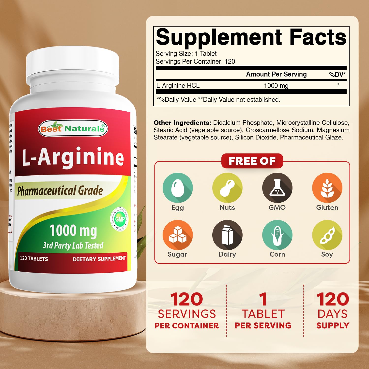 (New Improved Formula) Best Naturals L-Arginine 1000 mg 120 Tablets - Pharmaceutical Grade L Arginine Supplement