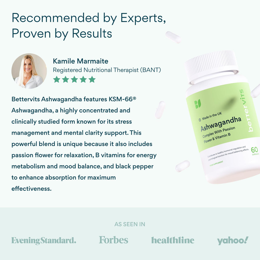 Bettervits Ashwagandha Complex with Passion Flower and Vitamin B – KSM-66® Organic Root Extract 800 mg – Supports Calm, Energy and Emotional Balance – 60 Capsules Bettervits Au supplements