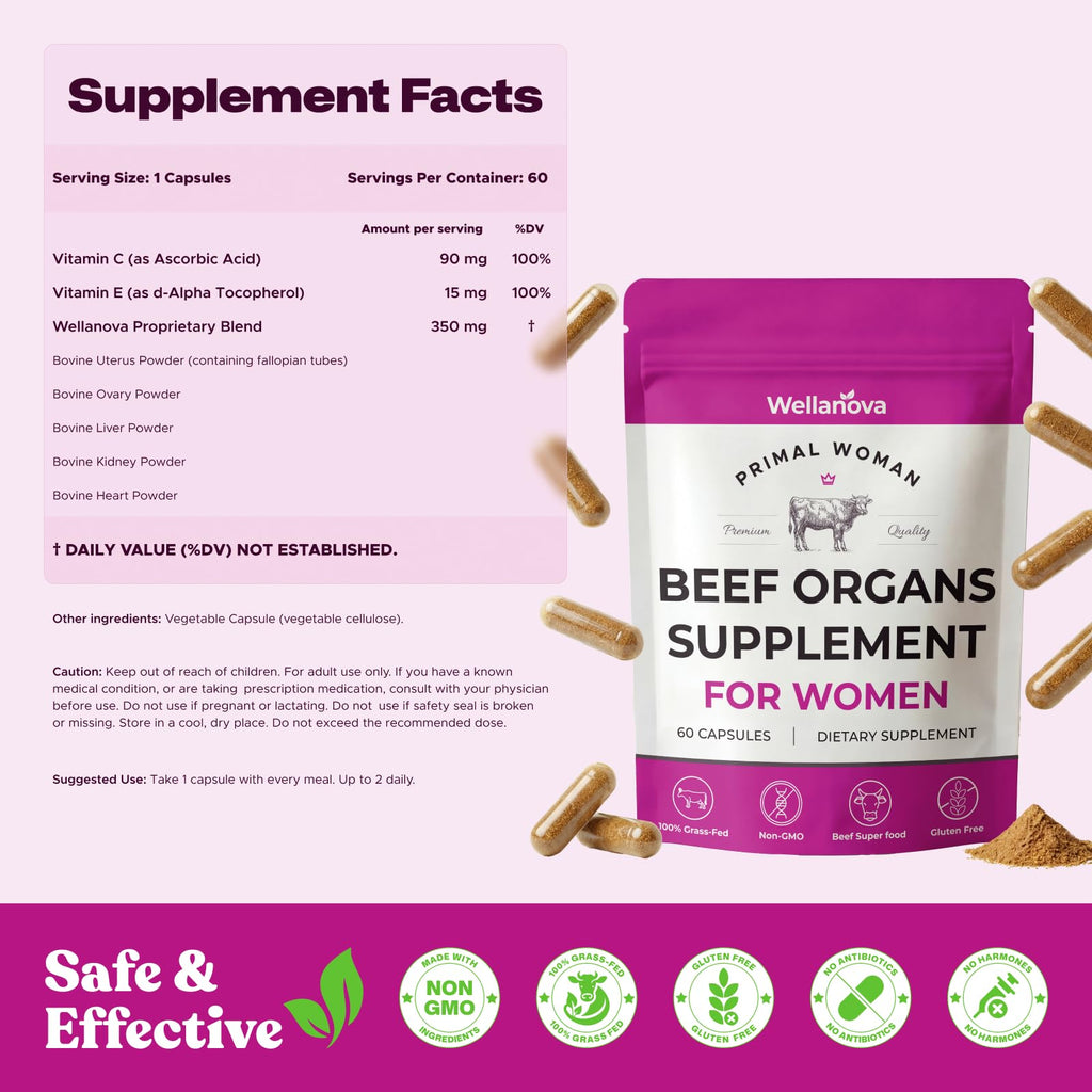 Primal Beef Organ Supplement for Women, Grass-Fed Ancestral Superfood Supplement with Uterus & Liver for Hormone Balance & Queen Energy - 60 Day Supply Wellanova Au supplements