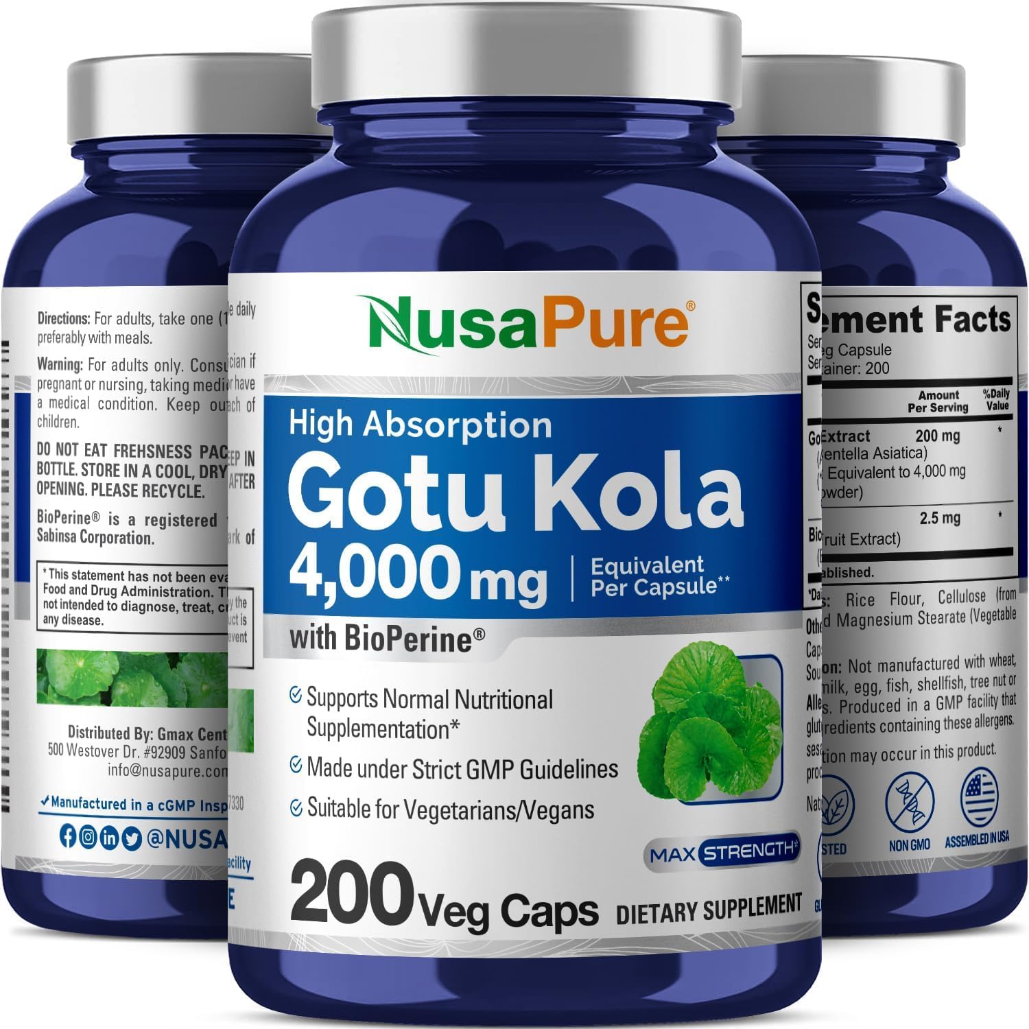 NusaPure Gotu Kola Capsules 20:1 Extract, 200 mg Equivalent to 4000mg Per Veggie Caps, 200 Count, Non-GMO, Vegan, Bioperine - Traditional Herb Extract NusaPure Au supplements