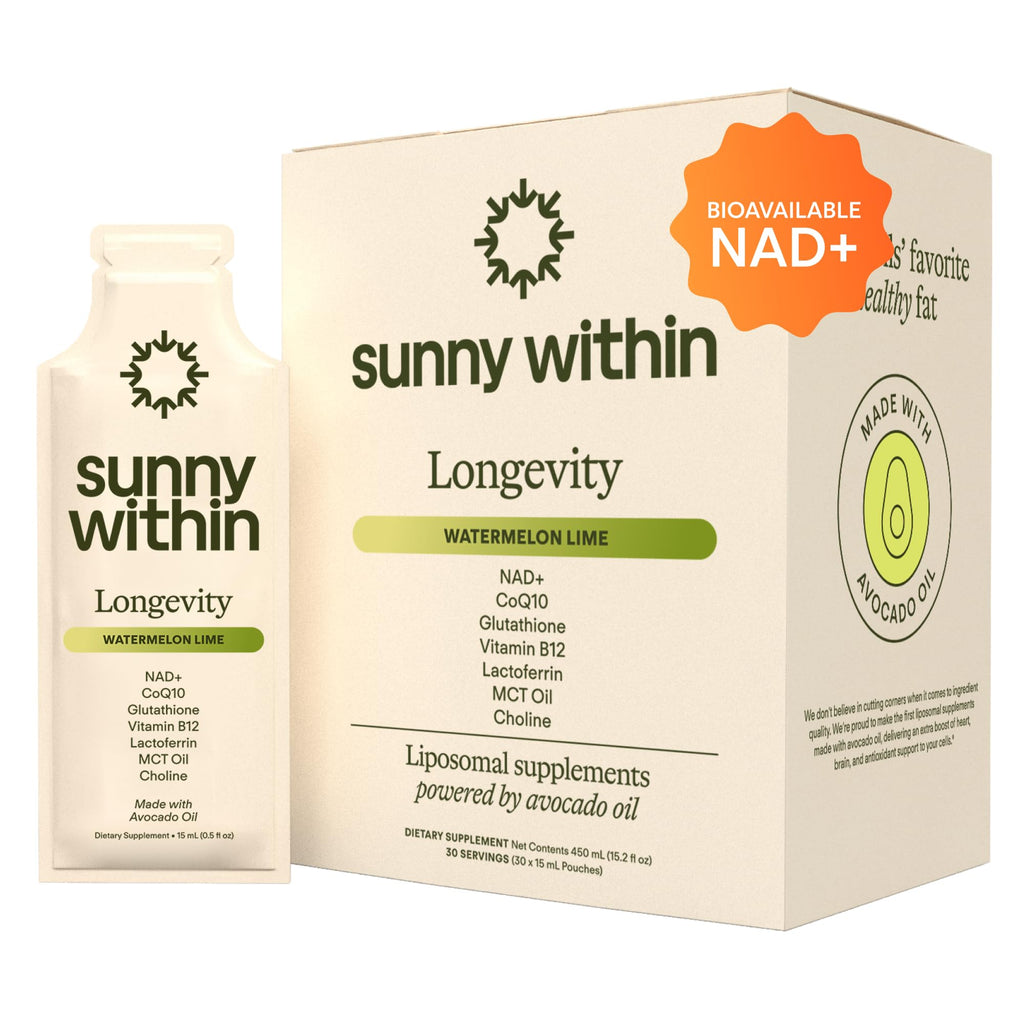 Sunny Within Longevity – Liposomal NAD+ Glutathione Supplement w/Liquid NAD+, CoQ10, B12, MCT & Avocado Oil – Cellular Health, Energy, Brain, Gut & Heart Support* – Watermelon Lime – 30 Pouches Sunny Within Au supplements