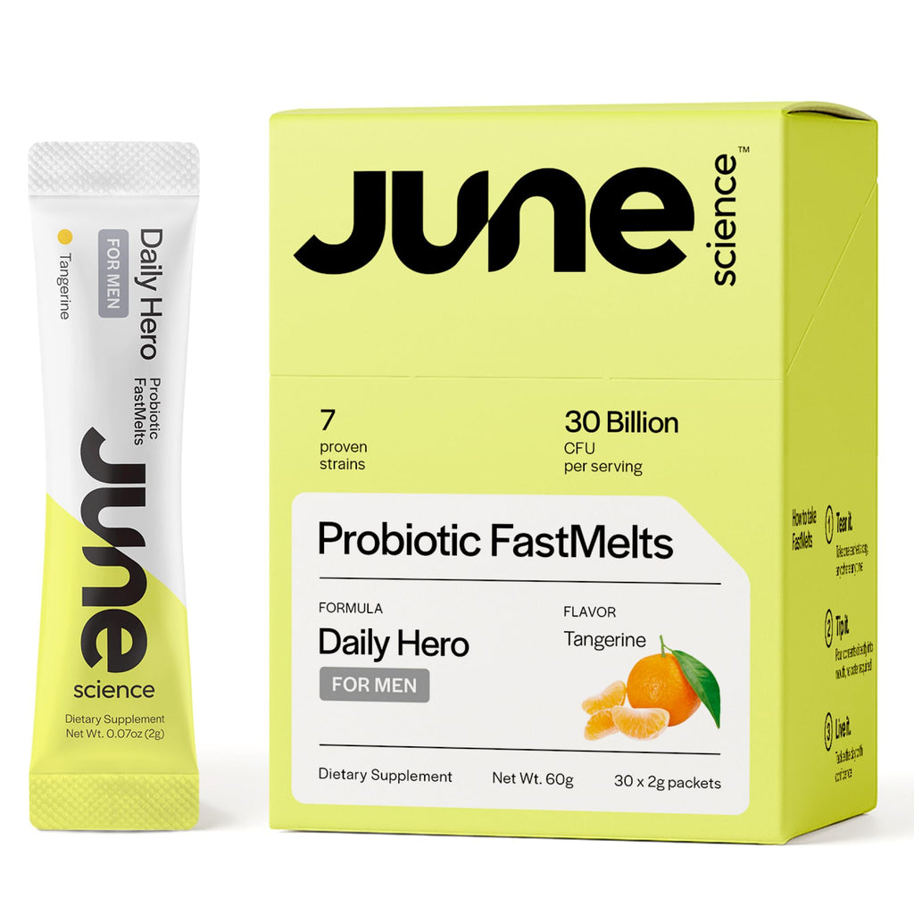 June Science Daily Hero for Men | Fast Melt Pre + Probiotic for Men - Tangerine Flavor, 30 Powder Sachets