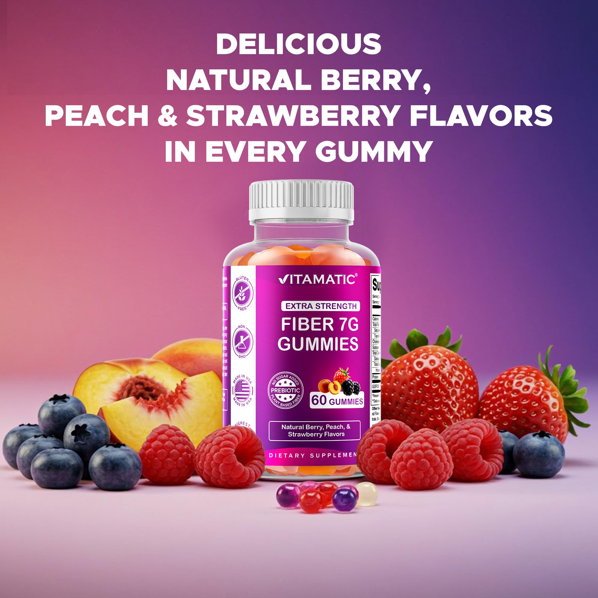 Vitamatic Prebiotic Fiber Gummies for Adults – 2 Pack (Total 120 Gummies) 7g Fiber per Serving | Extra Strength | Zero Sugar Added | Pectin-Based