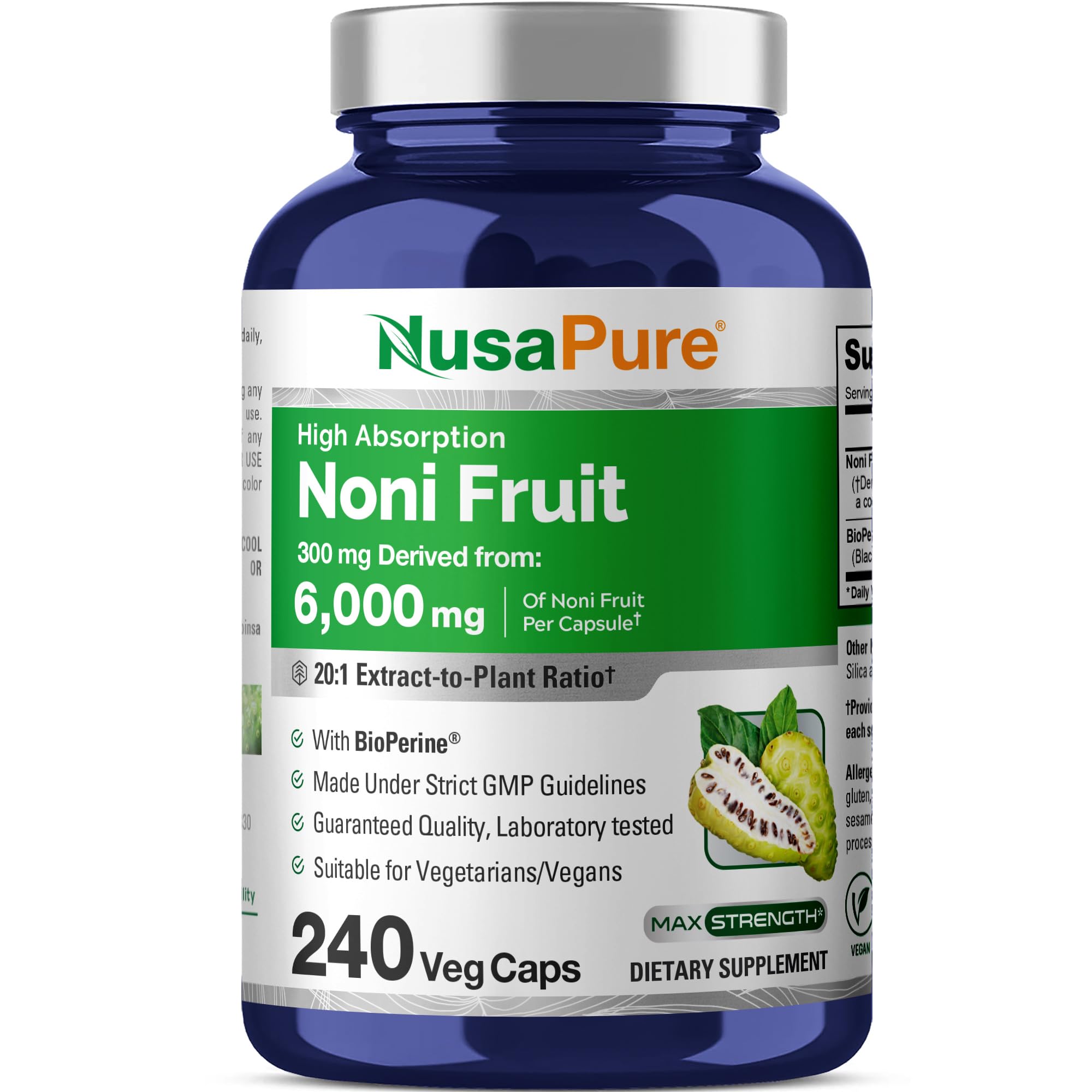 NusaPure Noni Fruit 20:1 Extract, 300 mg Equivalent to 6,000 mg 240 Capsules Suitable for Vegetarian/Vegan, Non-GMO NusaPure Au supplements