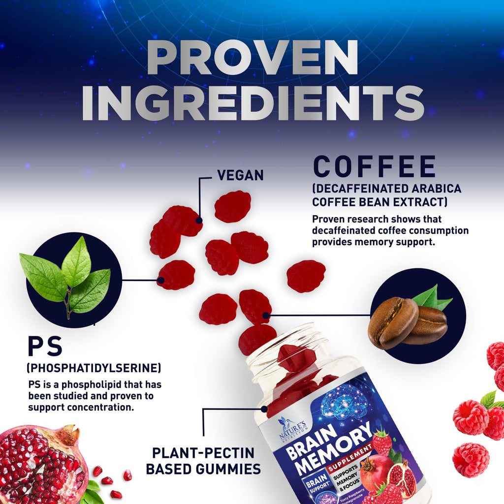 Brain Supplements for Memory & Focus Gummies - Brain Health Clarity with B6 B12 & Phosphatidylserine - Natural Nootropics Cognitive Concentration & Alertness Support Vitamins - 60 Vegan Gummies Nature's Nutrition Au supplements