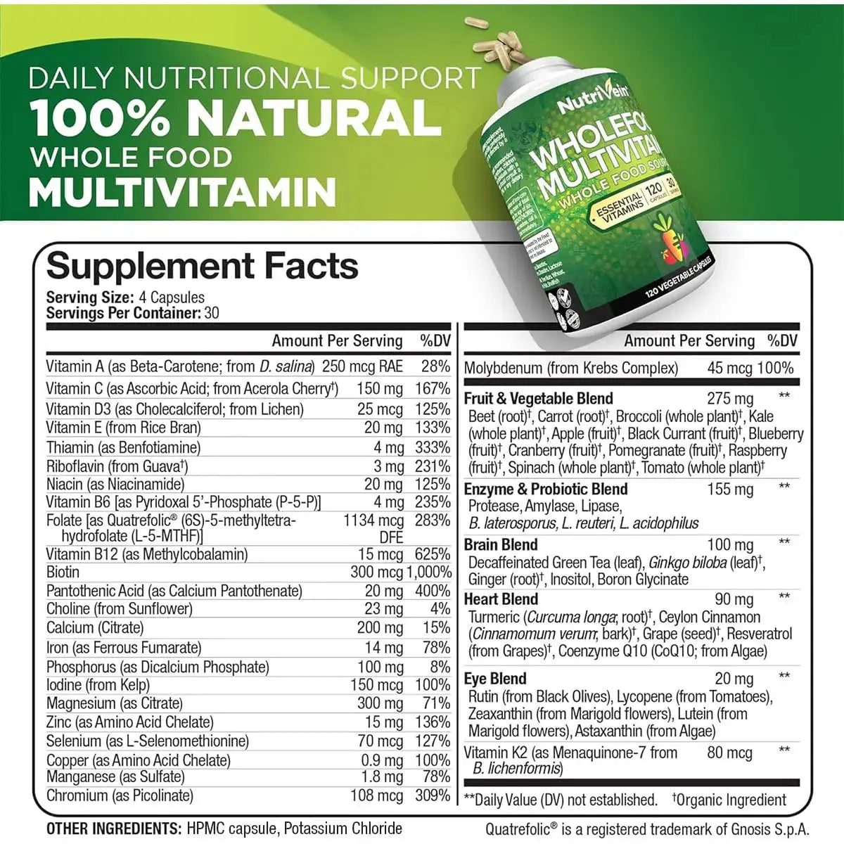 Nutrivein Whole Food Multivitamin for Men & Women – 120 Vegan Multivitamin Caps for Adults – Daily Energy, Immune & Heart Support Nutrivein Au supplements