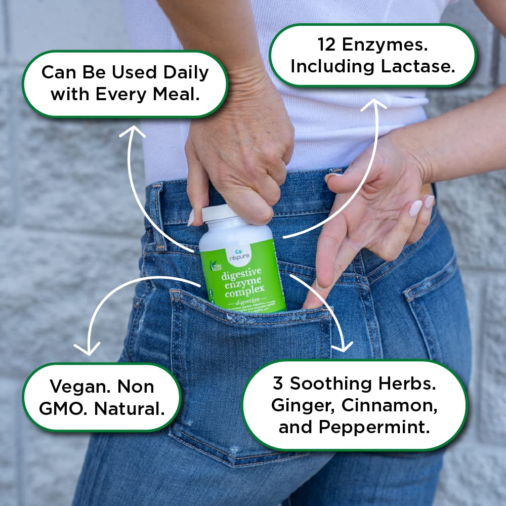 nbpure Vegan Digestive Enzyme Complex – Daily Bloating, Gas, & Food Digestive Support for Women & Men – 12 Enzymes & 3 Herbs – Lactase, Protease, Lipase