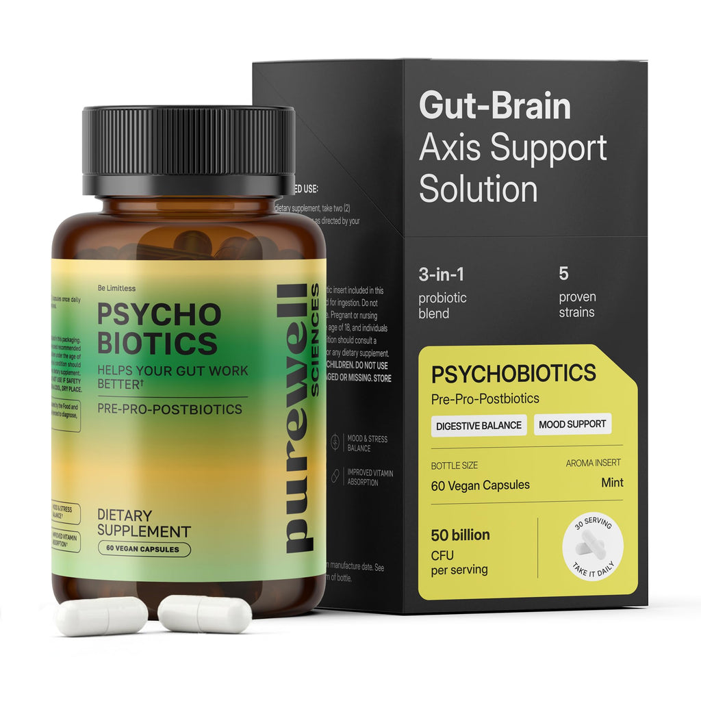 PUREWELL SCIENCES Psychobiotics – Advanced 3-in-1 Probiotic Prebiotic Postbiotic Supplement for Gut and Mood Support - 60 Vegan Probiotic Capsules – 50 Billion CFU – 1-Month Supply PUREWELL SCIENCES Au supplements