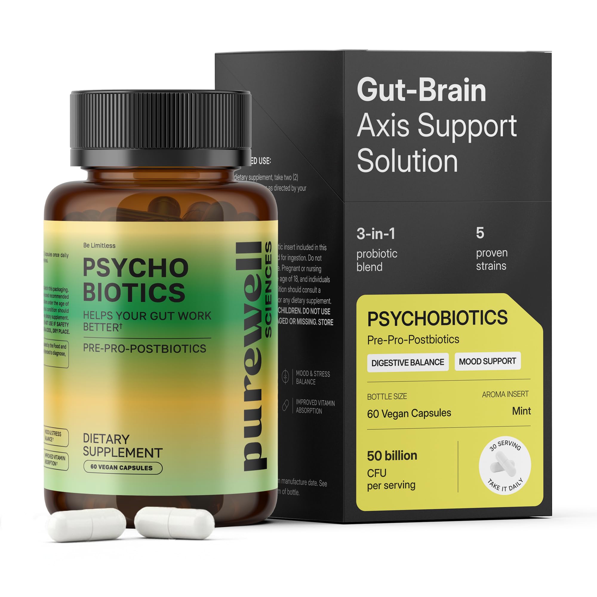 PUREWELL SCIENCES Psychobiotics – Advanced 3-in-1 Probiotic Prebiotic Postbiotic Supplement for Gut and Mood Support - 60 Vegan Probiotic Capsules – 50 Billion CFU – 1-Month Supply PUREWELL SCIENCES Au supplements