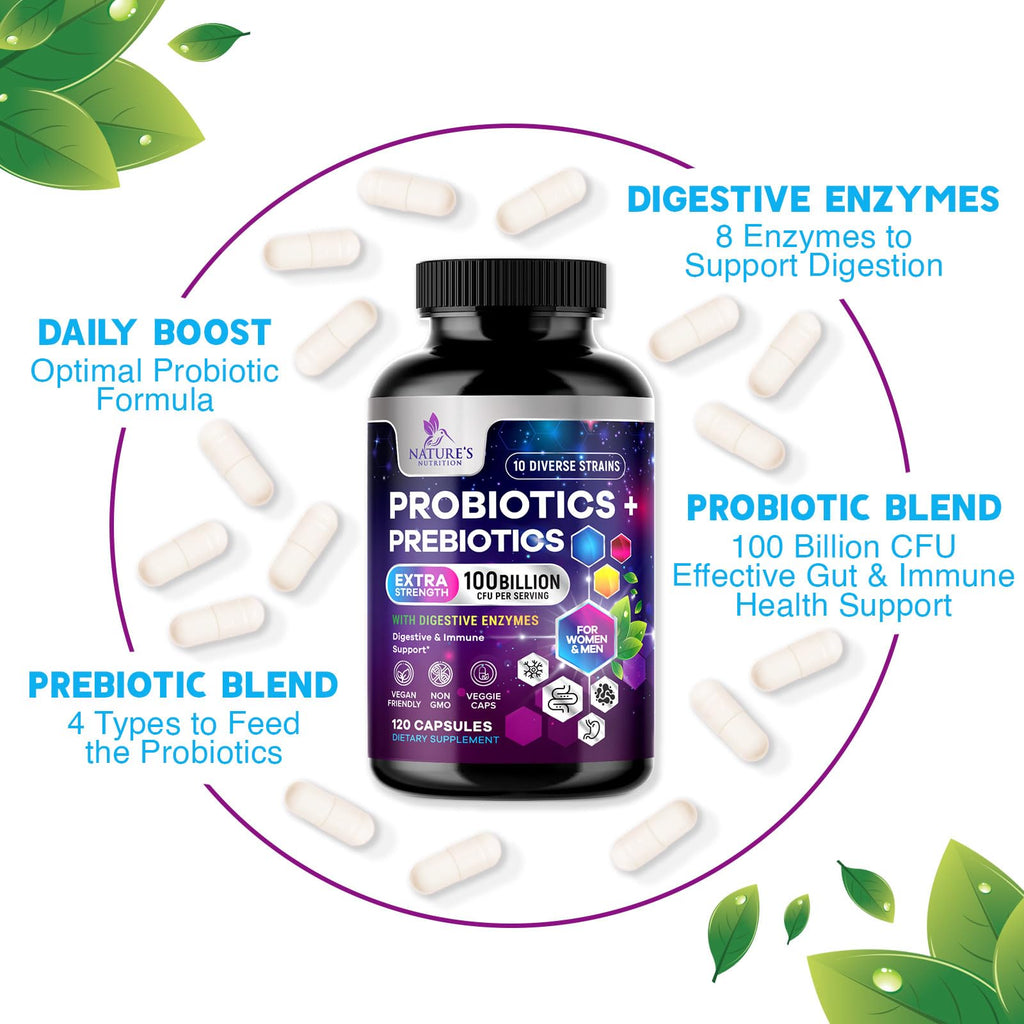 Probiotics 100 Billion CFU Per Serving - 10 Premium Strains + Prebiotics - Best Probiotic Supplement for Women & Men - Supports Immune, Digestive Health,