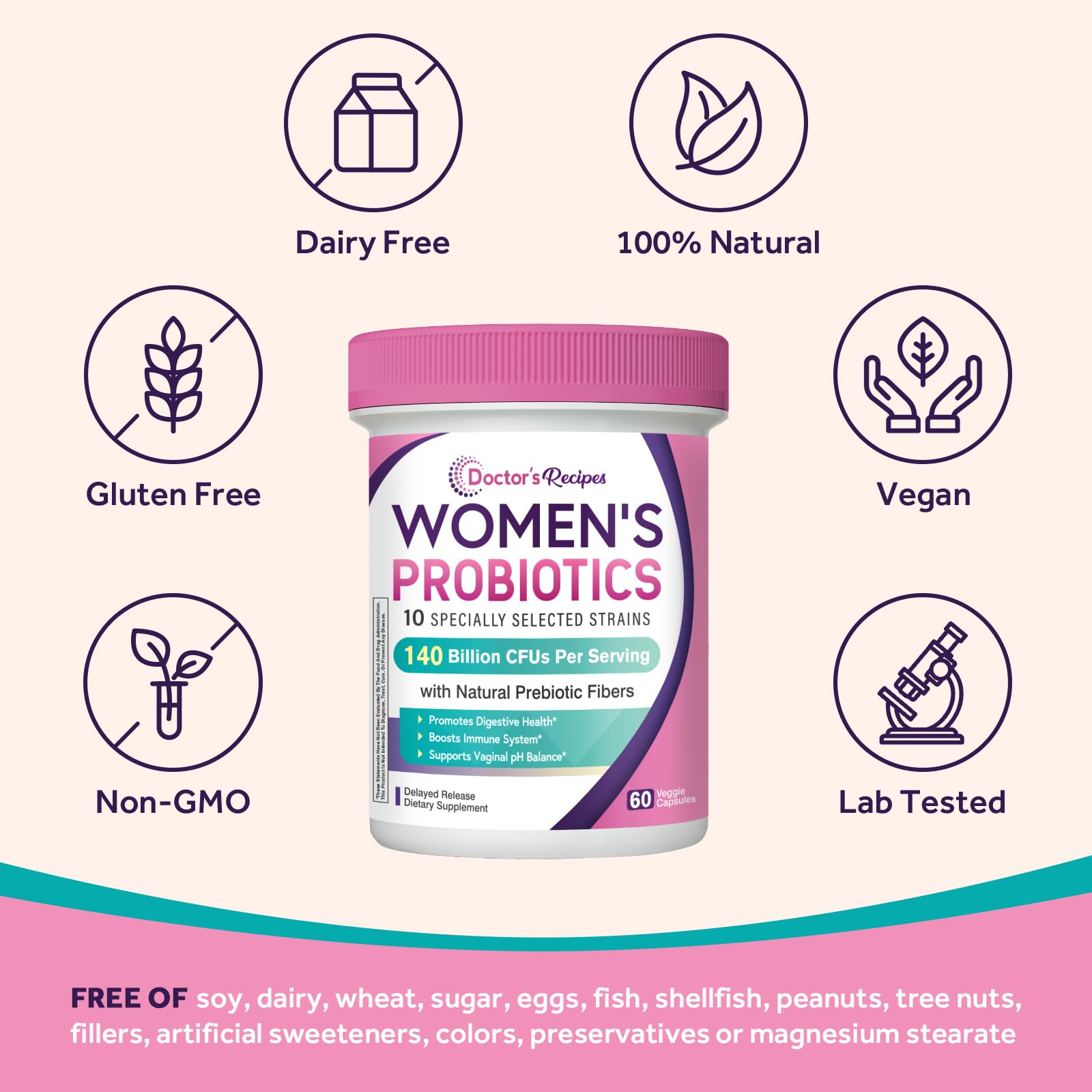 Doctor's Recipes Probiotics for Women, Organic Prebiotics and Probiotics for Digestive Health, Vaginal Health, 140 Billion CFU, 10 Strains, Shelf Stable, 60 Capsules Doctor's Recipes Au supplements