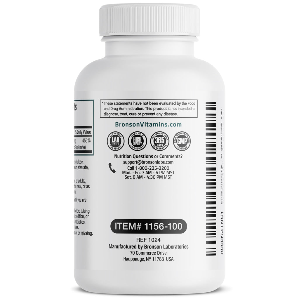 Bronson Zinc 50mg Complex High Potency Immune Support Supplement & Antioxidant and Skin Health