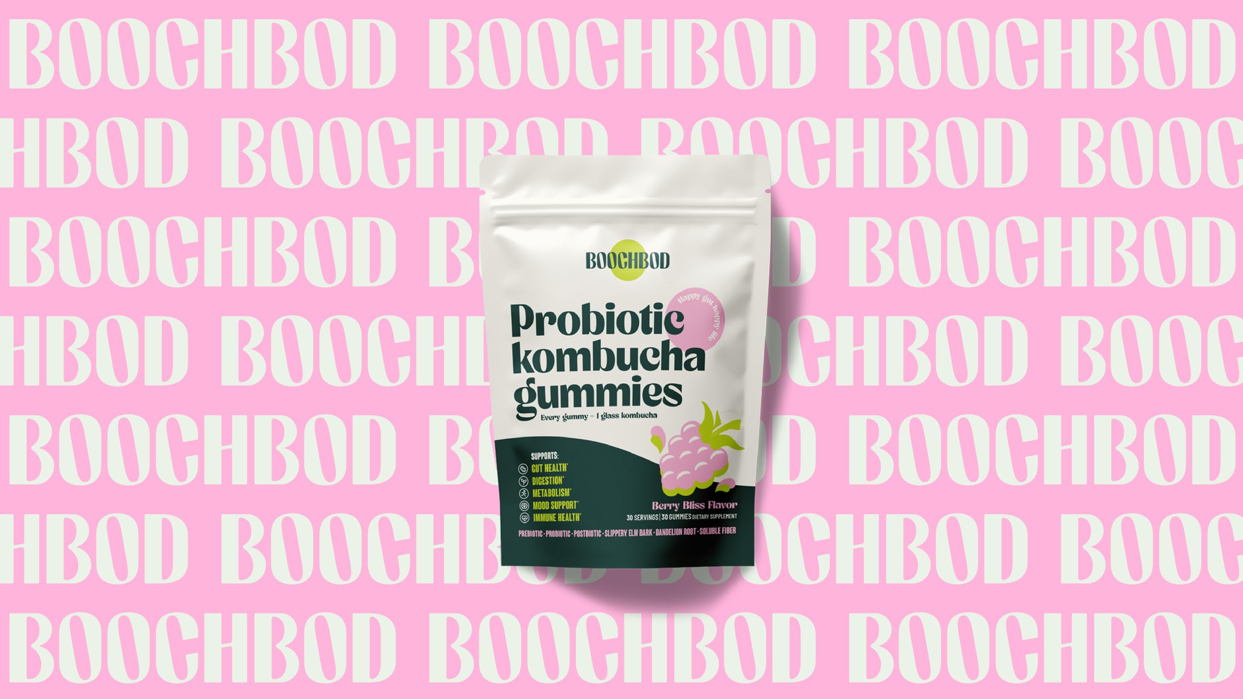BoochBod - Probiotic Kombucha Gummy - Prebiotics, Probiotics, Postbiotics, Fiber Supplement, Slippery Elm, Dandelion Root