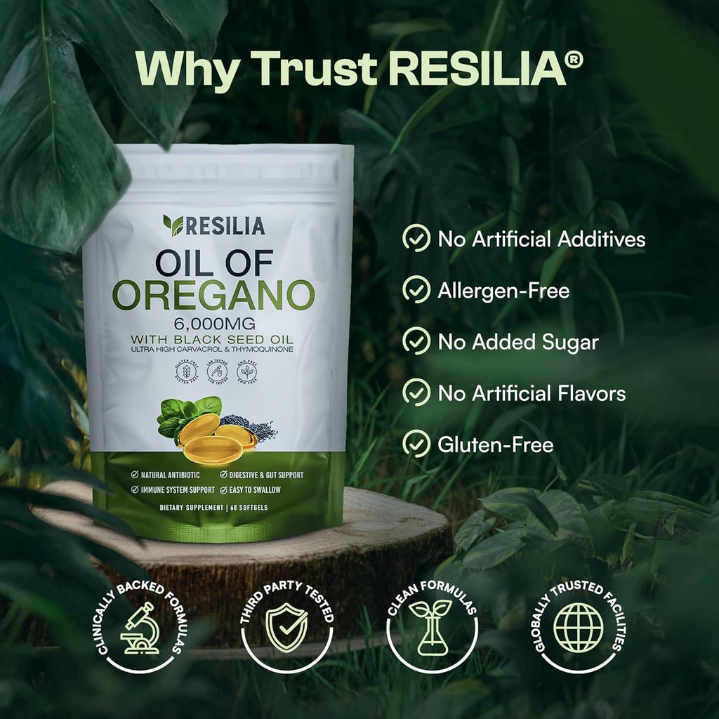 Resilia Softgels with Black Seed Oil 6000mg – Organic Oregano Oil Capsules for Immune & Digestive Support – Non-GMO, Gluten-Free Softgels