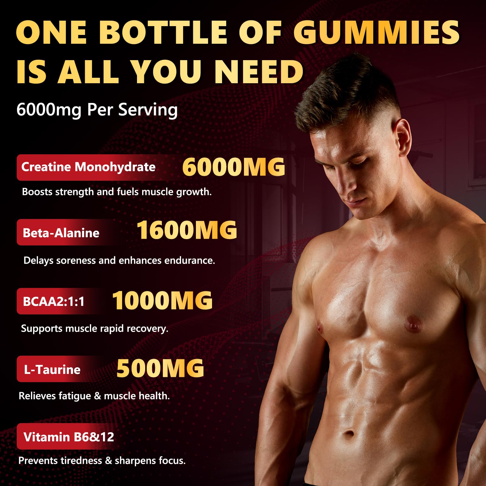 ZELKORE Creatine Monohydrate Gummies 6000mg for Men & Women, Sugar Free Creatine Gummy for Pre & Post Workout, High Absorption Supplement with BCAA, Support Boost Strength,