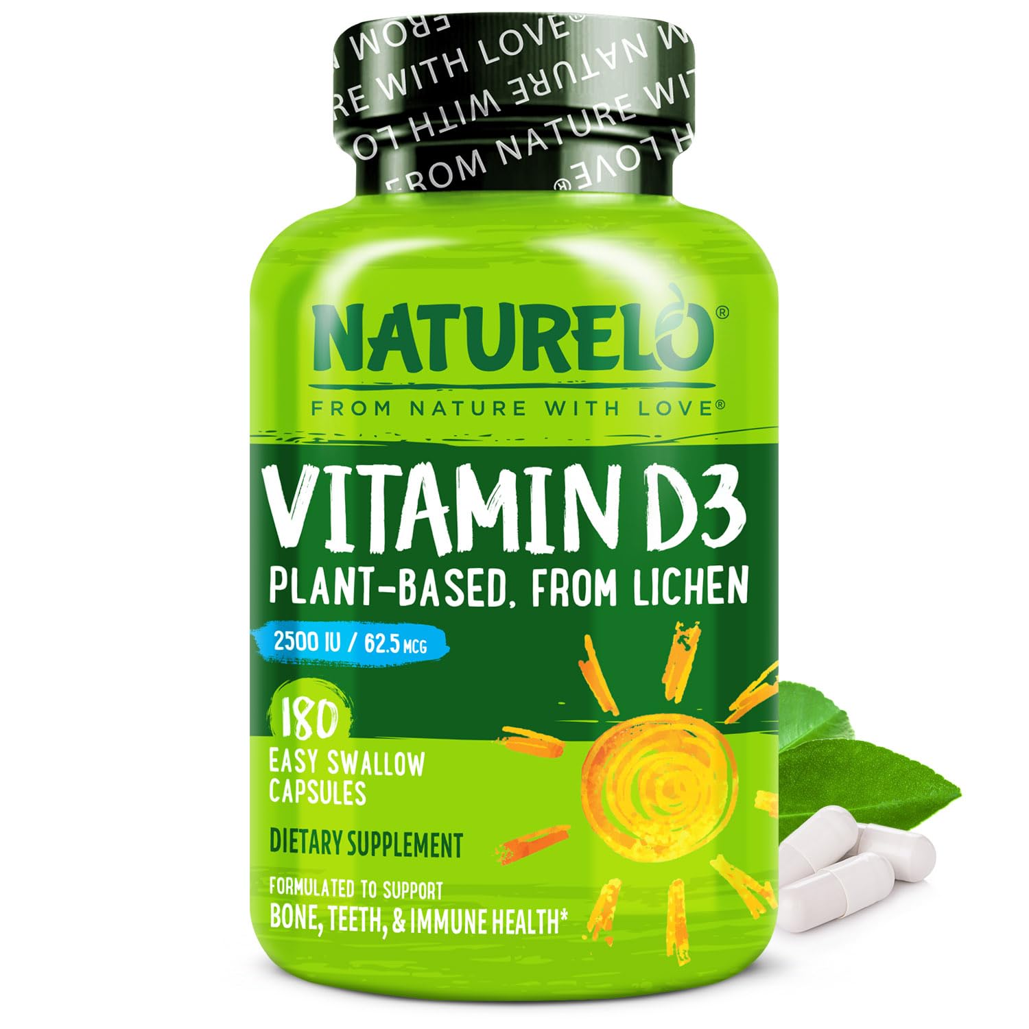 NATURELO Vitamin D - 2500 IU - Plant Based from Lichen - Natural D3 Supplement for Immune System, Bone Support, Joint Health - Vegan
