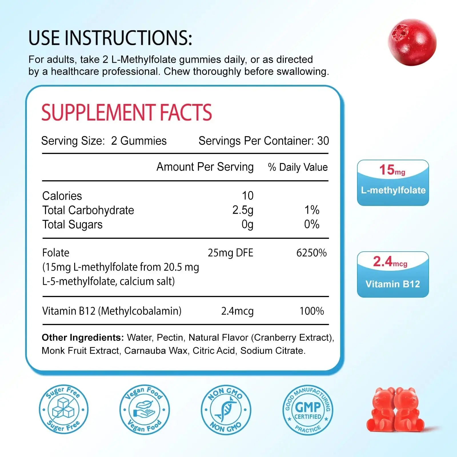 Zetelixia 2 Pack L-Methylfolate 15mg & Methyl B12 Gummies, Folate Supplement for Brain Health, Mood & Immunity, DNA Synthesis & Repair Zetelixia Au supplements