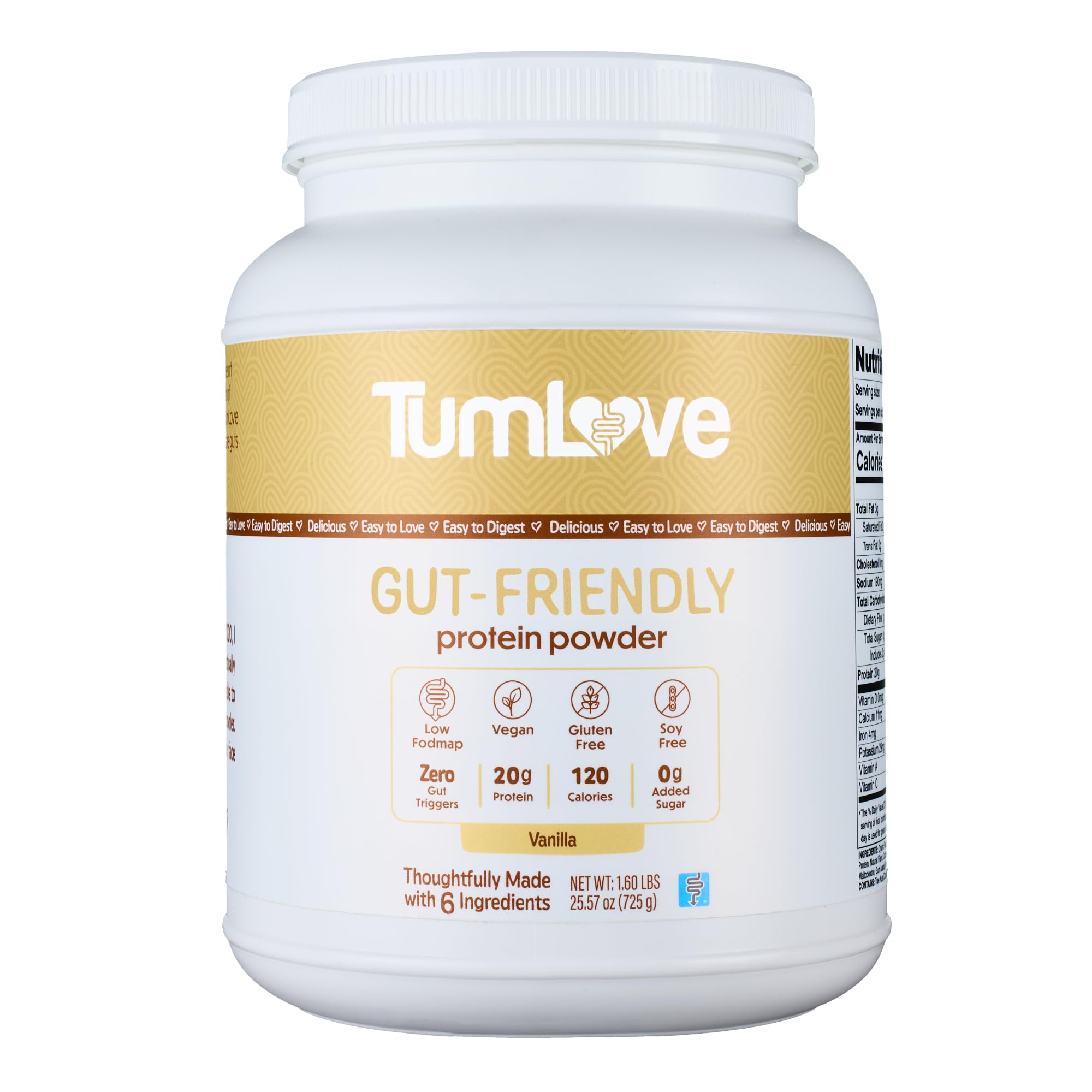 TumLove Vegan Protein Powder - Low FODMAP Certified, Gluten-Free, Dairy-Free, Soy-Free, 100% Gut-Friendly & Non-Bloating, Vanilla (25 Servings)