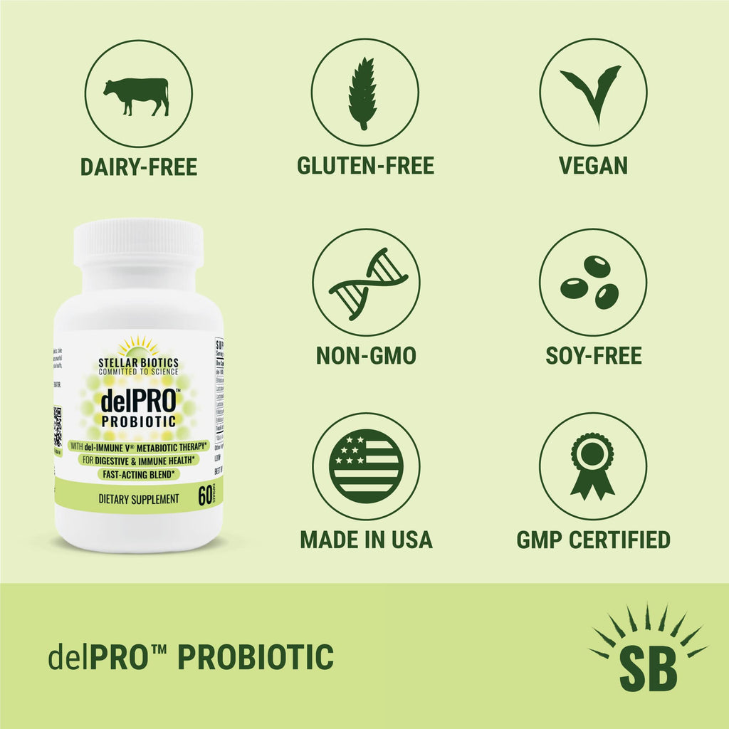 Stellar Biotics - Delpro Probiotic (+ Del-Immune V & Prebiotic Blend) Promotes Optimal Gut Health, Digestion, Immune Support & Mood (60 Capsules)