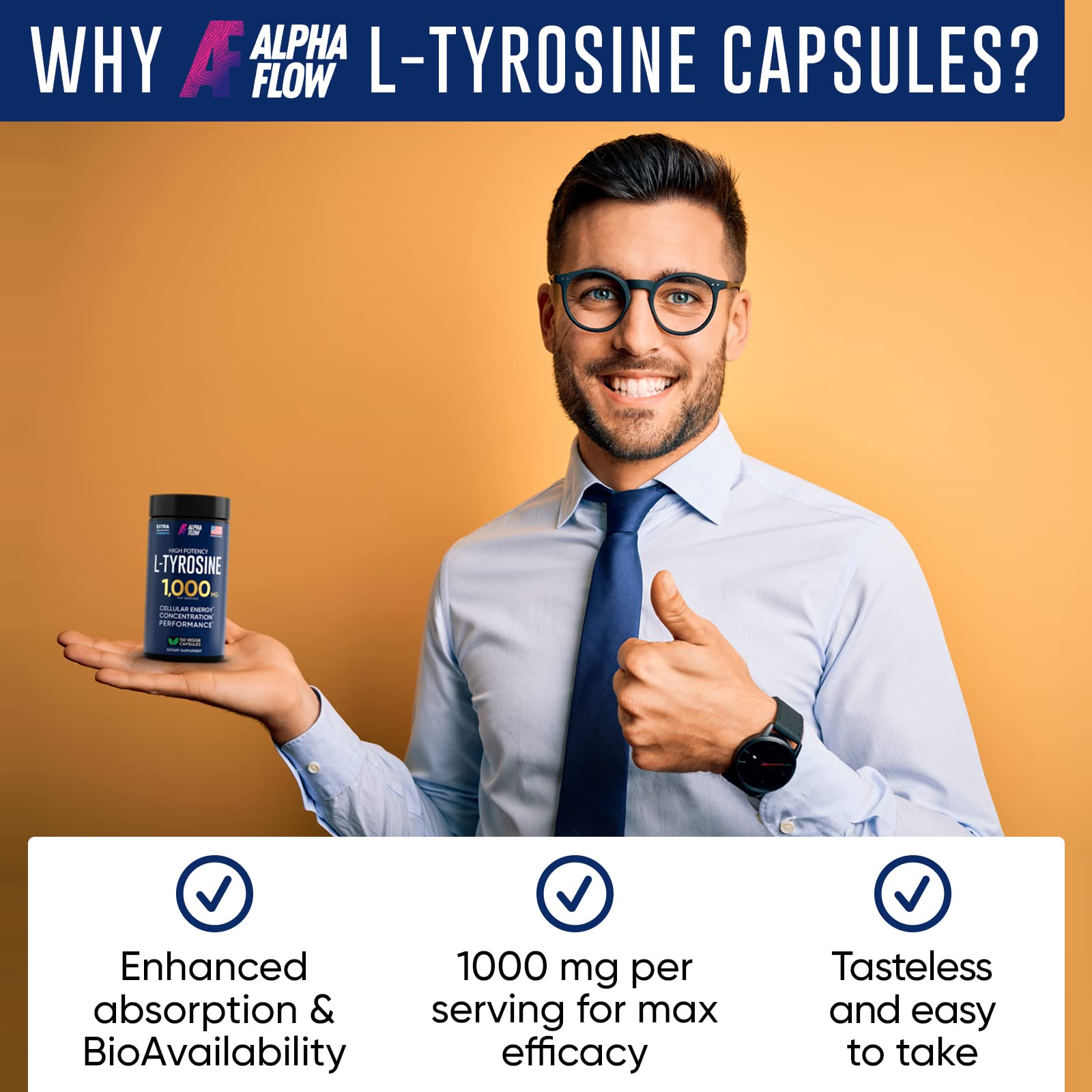 Alpha Flow L Tyrosine 1000MG Capsules - All-Natural L- Tyrosine Supplement for Focus & Energy Boost - Non-GMO & Gluten-Free