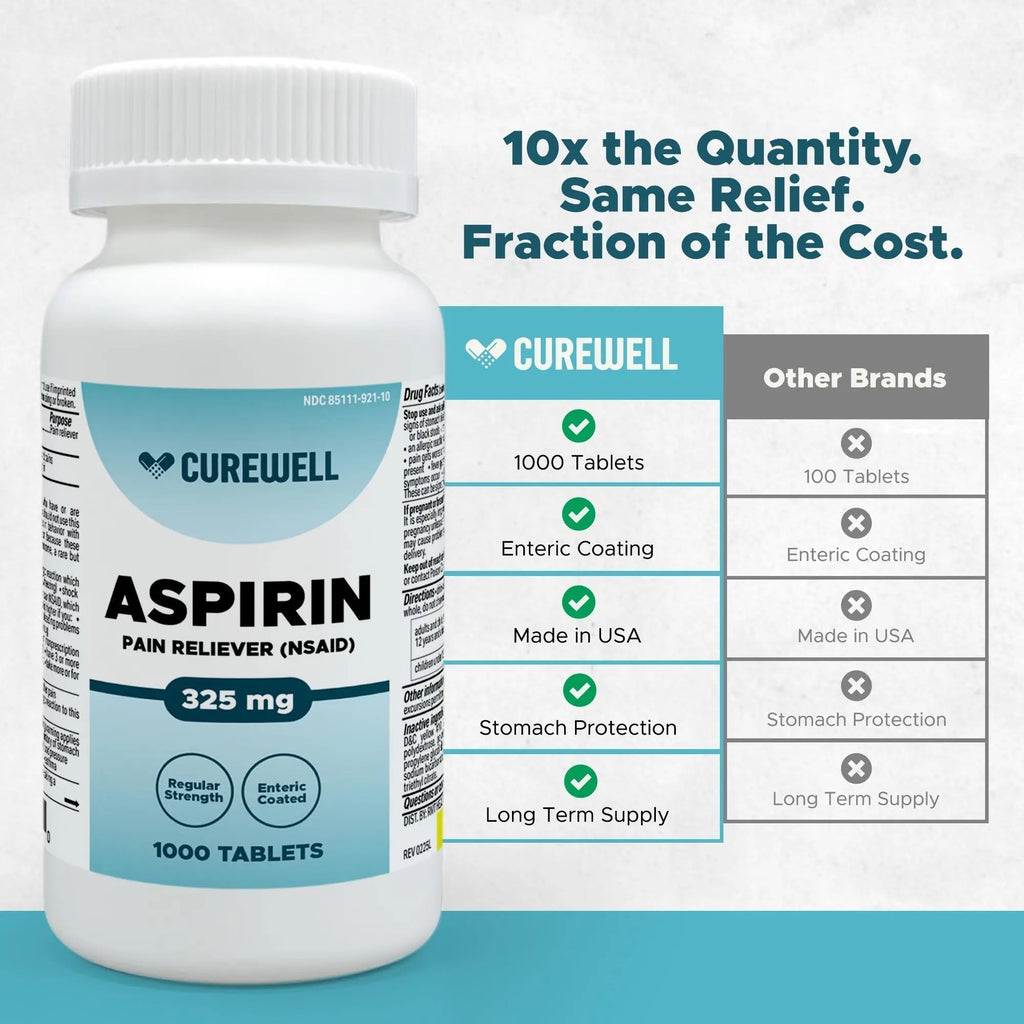 CUREWELL Enteric Coated Aspirin Tablets 325mg (1000 Count) NSAID Pain Reliever & Fever Reducer Coated Aspirin for Adults - Regular Strength for Headache Arthritis Menstrual & Muscle Pain CUREWELL Au supplements