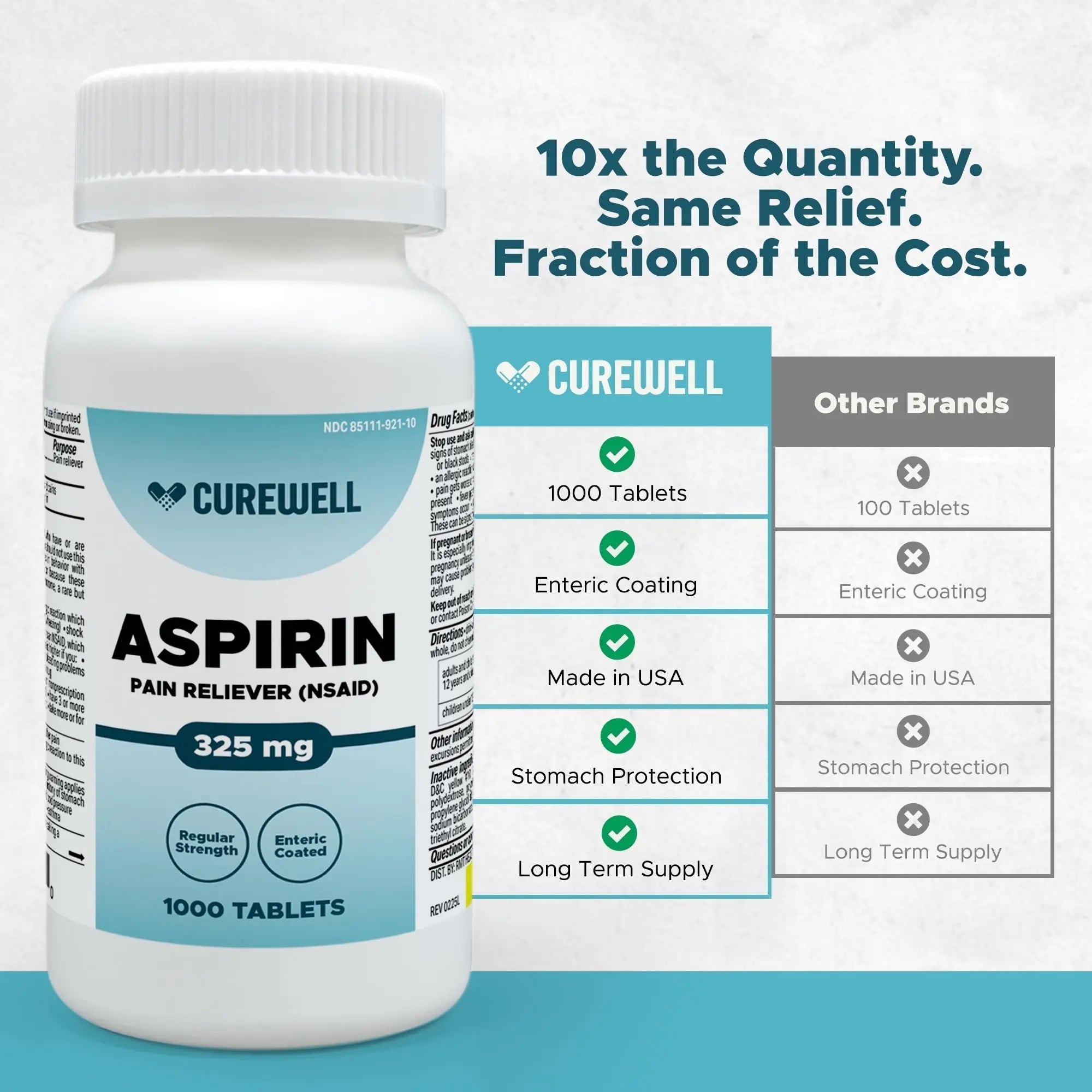 CUREWELL Enteric Coated Aspirin Tablets 325mg (1000 Count) NSAID Pain Reliever & Fever Reducer Coated Aspirin for Adults - Regular Strength for Headache Arthritis Menstrual & Muscle Pain CUREWELL Au supplements