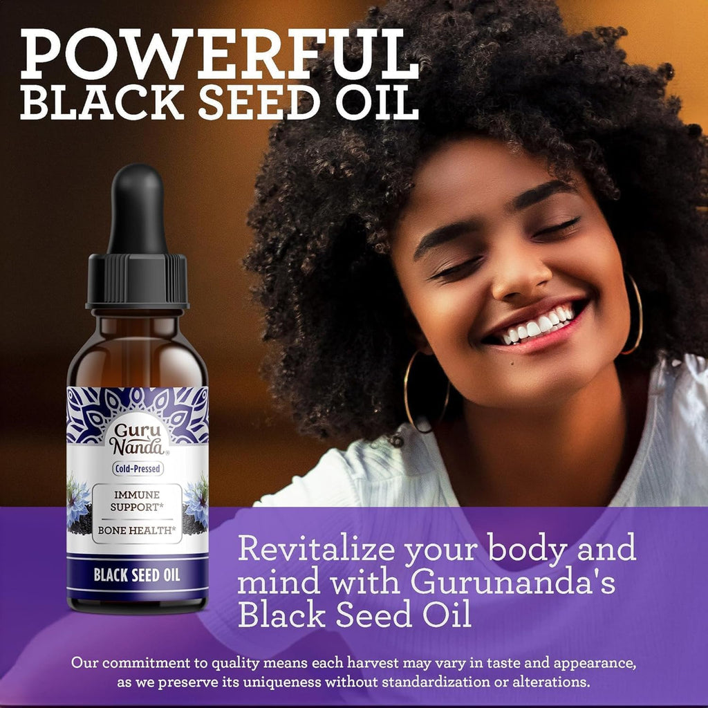 GuruNanda Black Seed Oil, Cold-Pressed Nigella Sativa - Rich in Vitamin D3 5000 Units, K2 & E, High Thymoquinone | Potent Antioxidant
