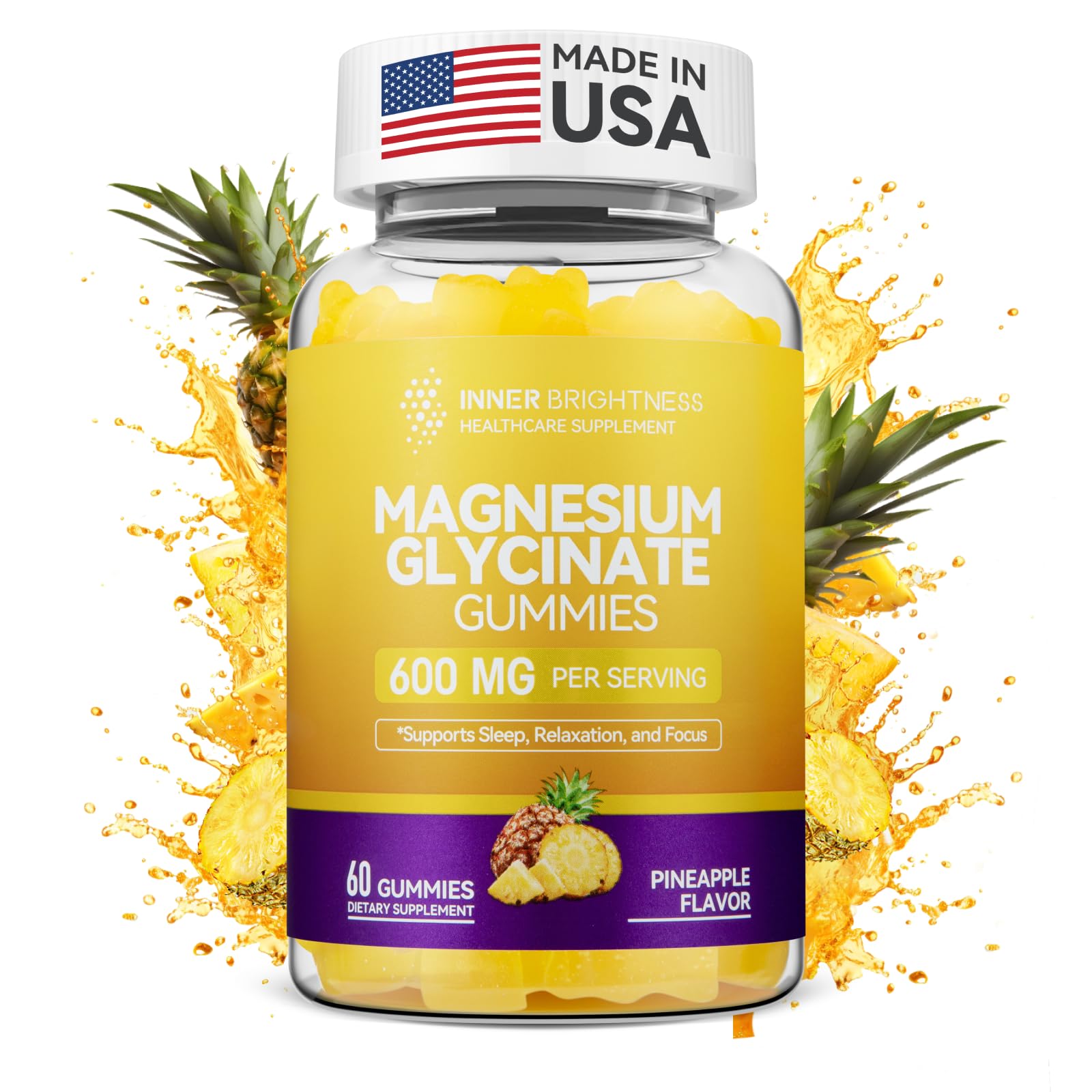 Magnesium Glycinate Gummies 600mg, Non-GMO, Gluten-Free, Magnesium Gummies for Adults & Kids, Sleep, Relaxation & Focus