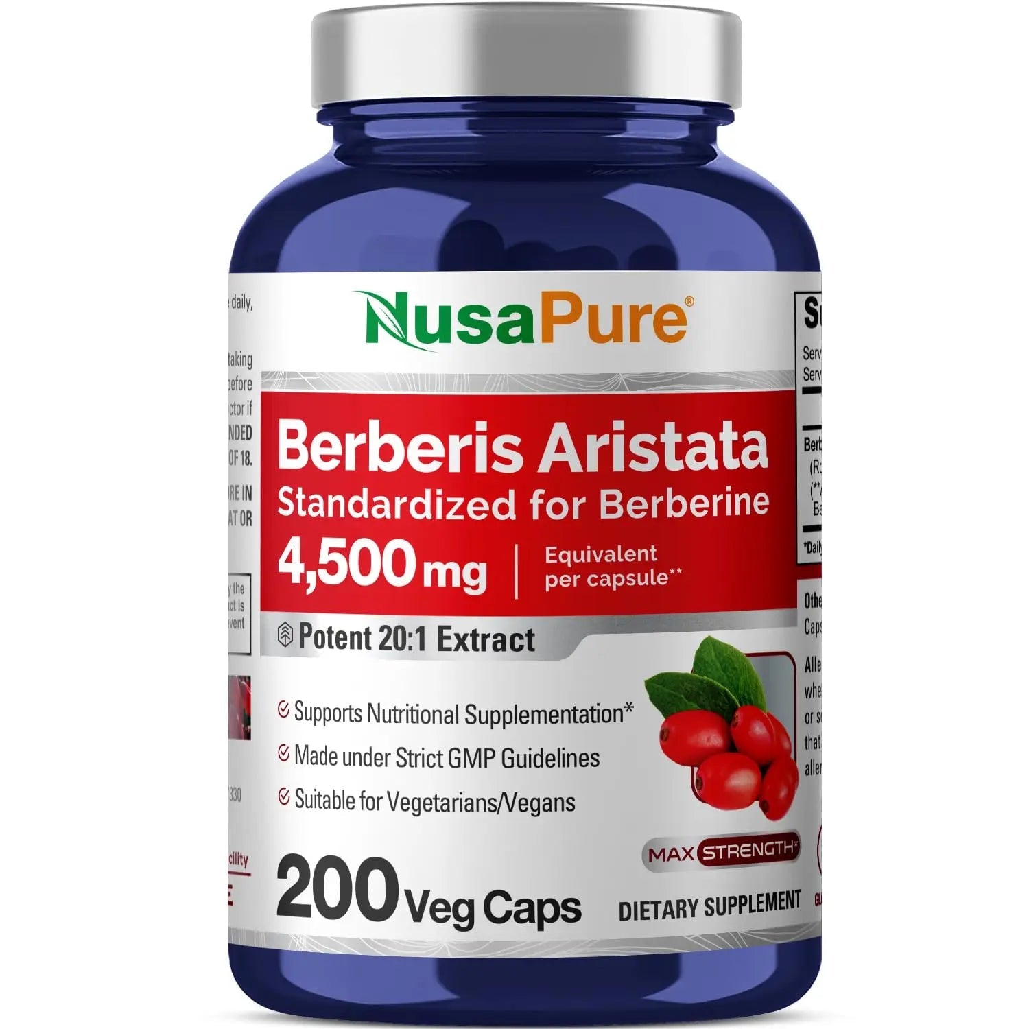 NusaPure Berberine HCI 4500 mg - 200 Veggie Caps - 6 Months Supply - (100% Vegetarian NusaPure Au supplements