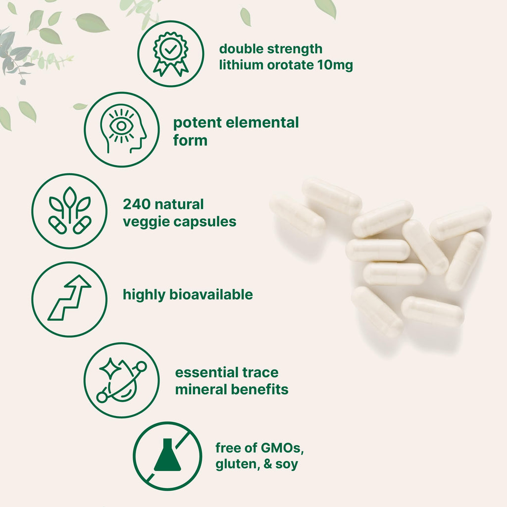 Lithium Orotate 10mg, 240 Veggie Capsules | 5mg Per Capsules | High Bioavailability Trace Mineral | Healthy Aging, Brain Supplement