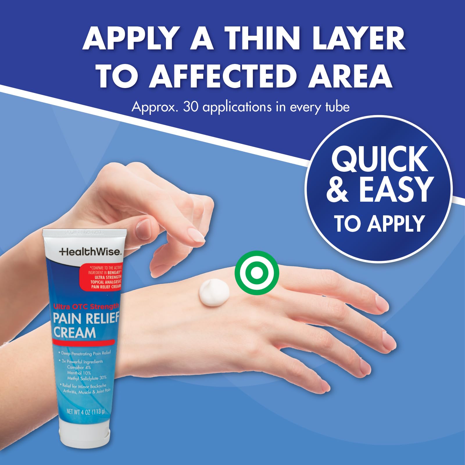 HealthWise Pain Relief Cream | Ultra OTC Strength | 4% Camphor + 10% Menthol + 30% Methly Saliclylate | Non-Greasy Formula | 4.0 Oz | Topical Analgesic HealthWise Au supplements