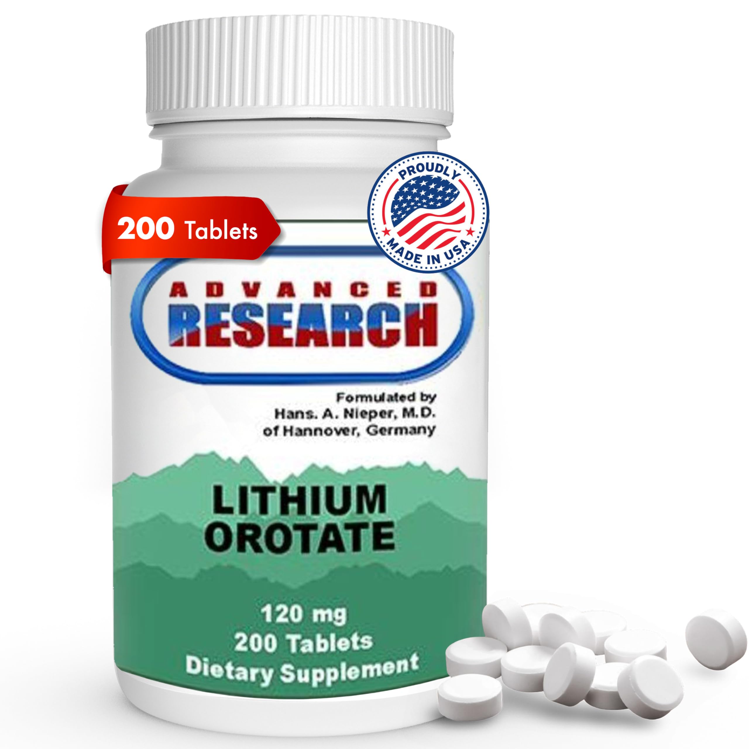 NCI Advanced Research Dr. Hans Nieper Lithium Orotate 5mg, 200 Count, Lab Tested, Non-GMO, Gluten Free, Vegan Friendly