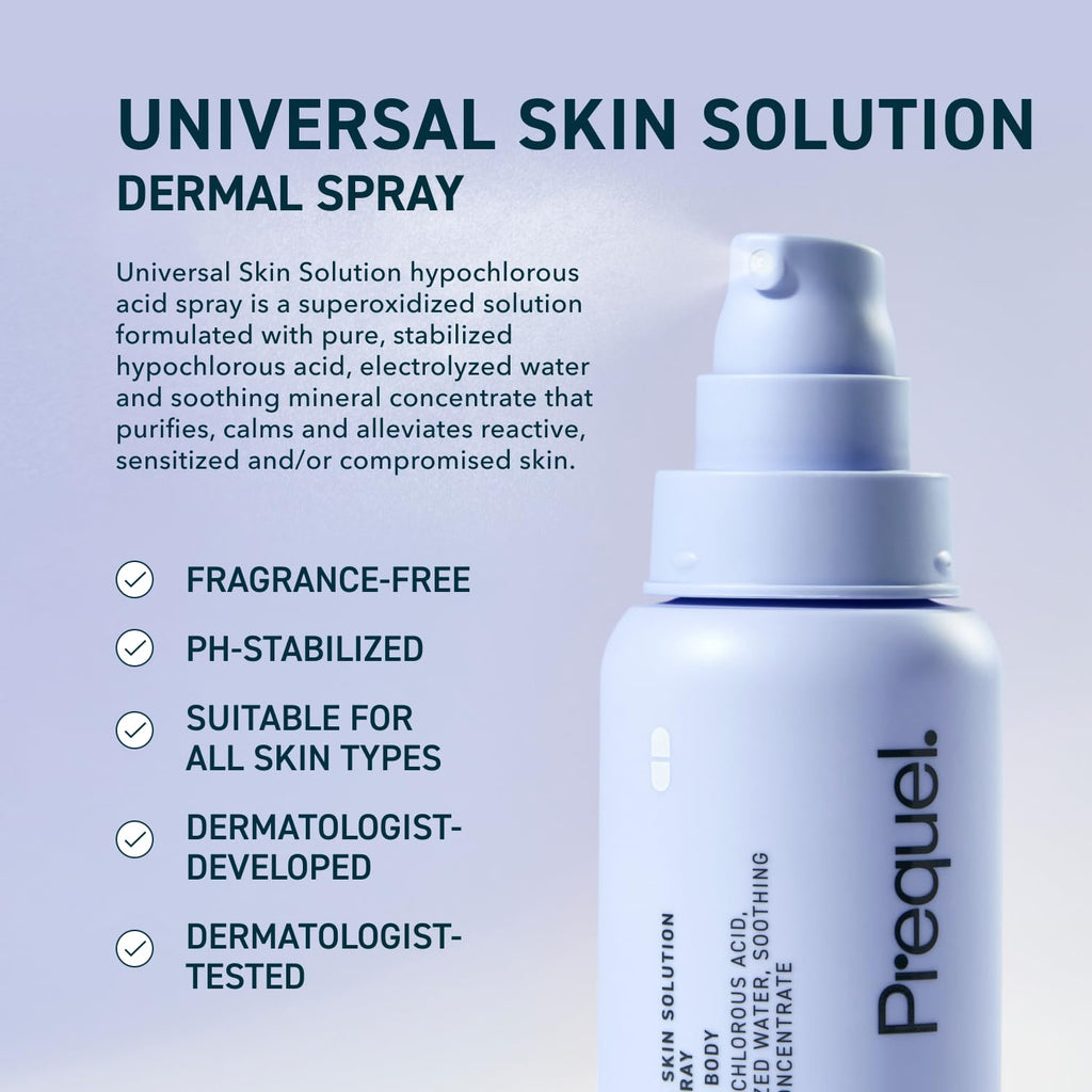 Prequel Skin Universal Skin Solution Hypochlorous Acid Spray for Face and Body. Fine Mist HOCL Facial Cleanser and Dermal