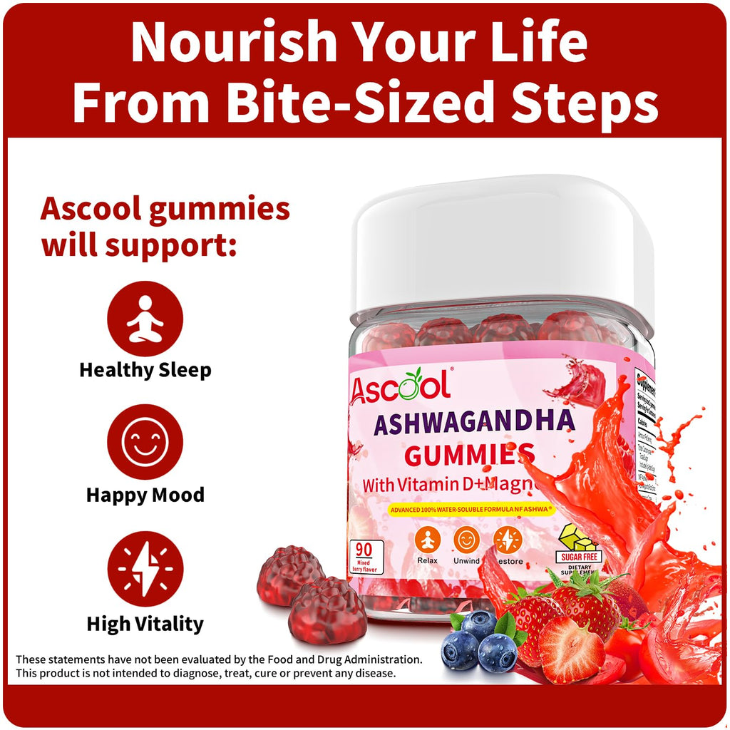 Ascool Ashwagandha Gummies for Stress Support & Relaxation with Magnesium + Vitamin D – 90 Count Sugar-Free, Vegan Ashwa Supplements Ascool Au supplements