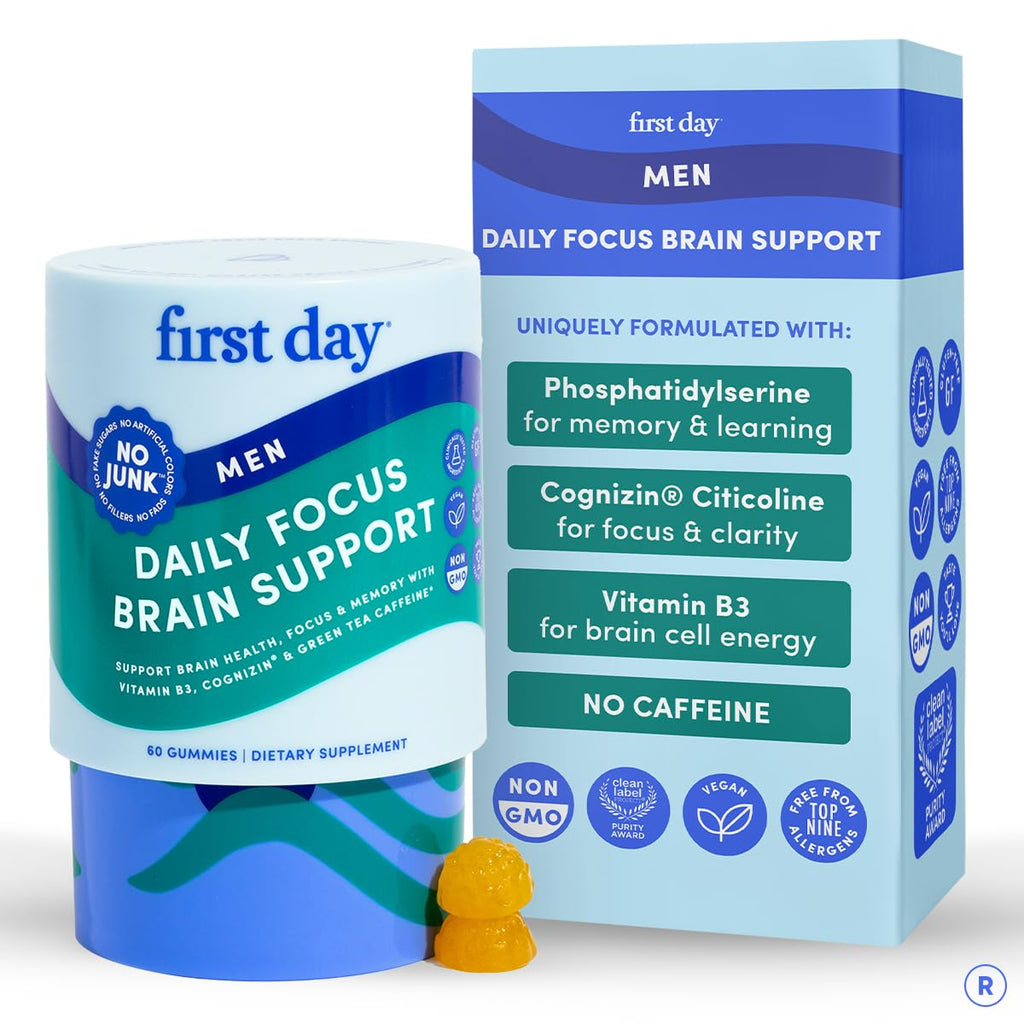 FIRST DAY Men’s Daily Nootropic Brain Supplement Gummies for Focus, Memory & Mental Energy | with Cognizin® Citicoline, Phosphatidylserine & Natural Caffeine | Vegan, Allergen-Free | 30-Day Supply FIRST DAY Au supplements