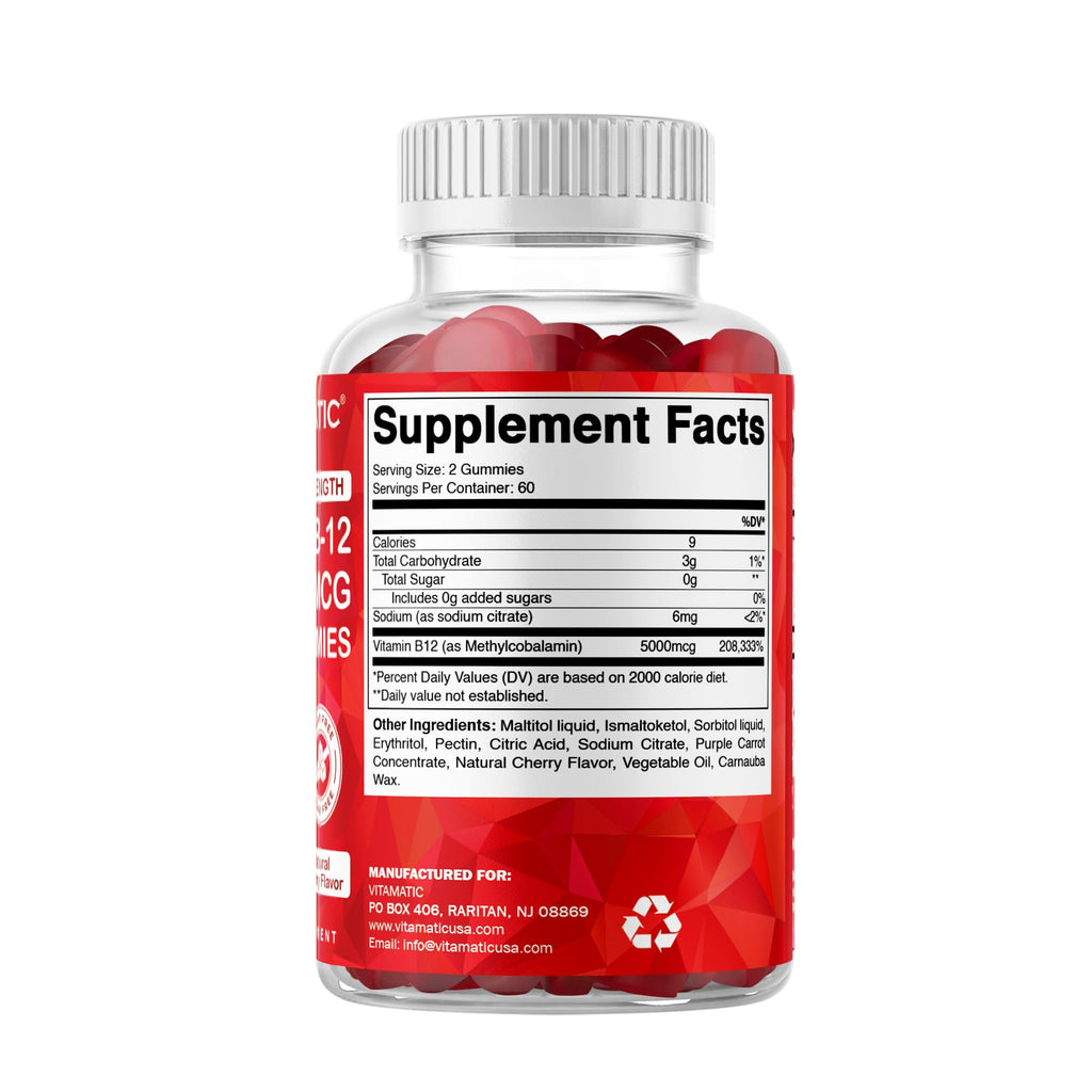 Vitamatic Extra Strength Vitamin B12 5000 mcg (Methyl B12) Gummies - 120 Count - Energy Metabolism Support and Nervous