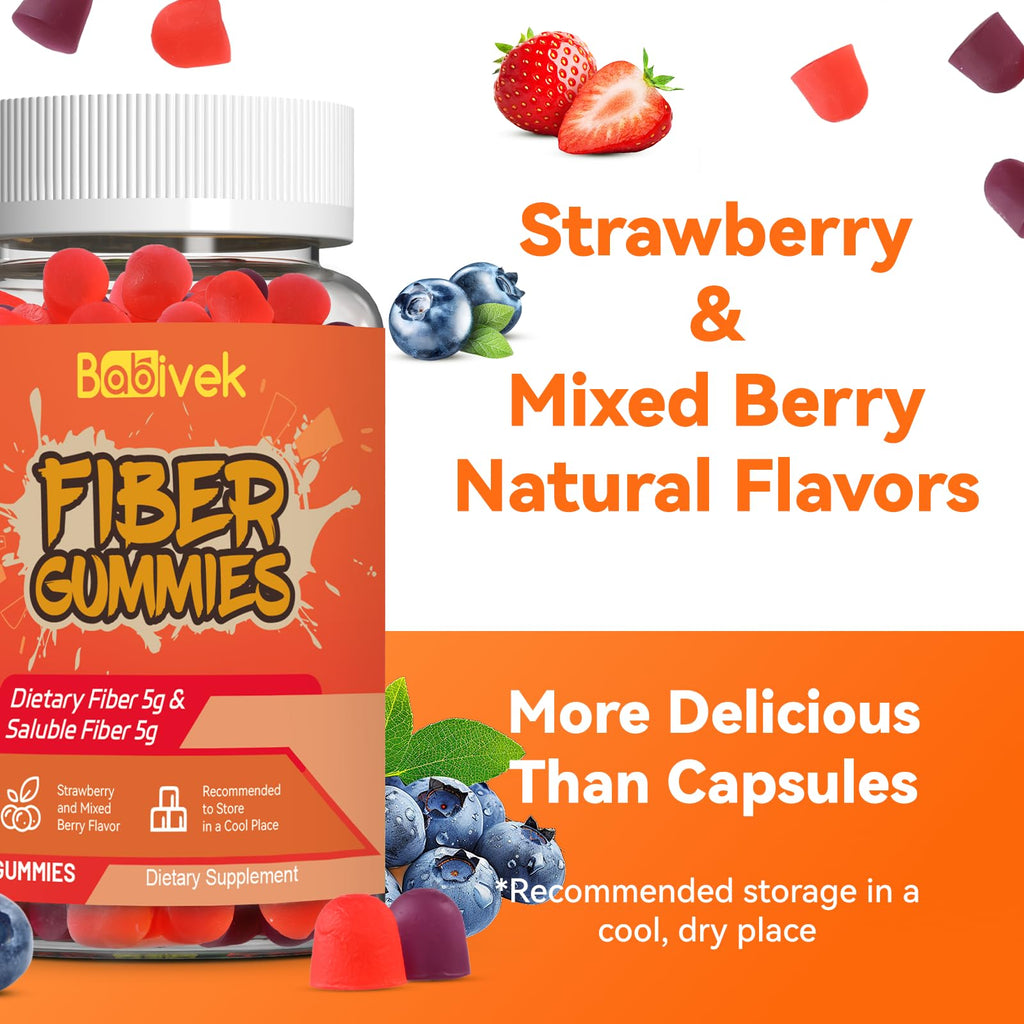 Babivek Fiber Gummies for Women and Men – Dietary Fiber, Gut Health Support, Vegan, Non-GMO, Non-Gluten, Mixed Berry & Strawberry Flavors, 60 Count(Pack of 2)