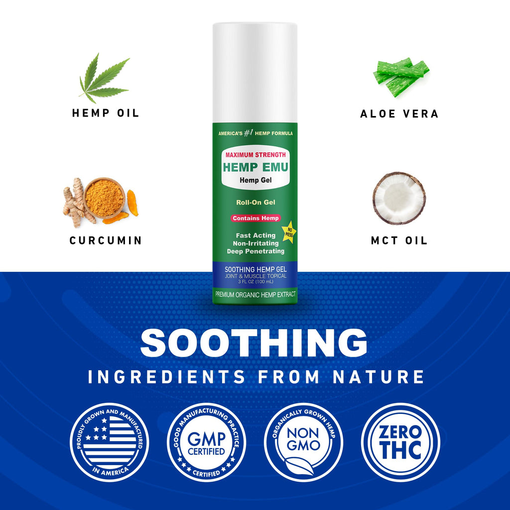 Hemp Emu - Hemp Roll On Gel - Muscle Rub for Back & Joint Discomfort - Soothing Gel with Organic Hemp Oil, Emu Oil, Menthol, Eucalyptus, Aloe Vera Hemp Emu Au supplements