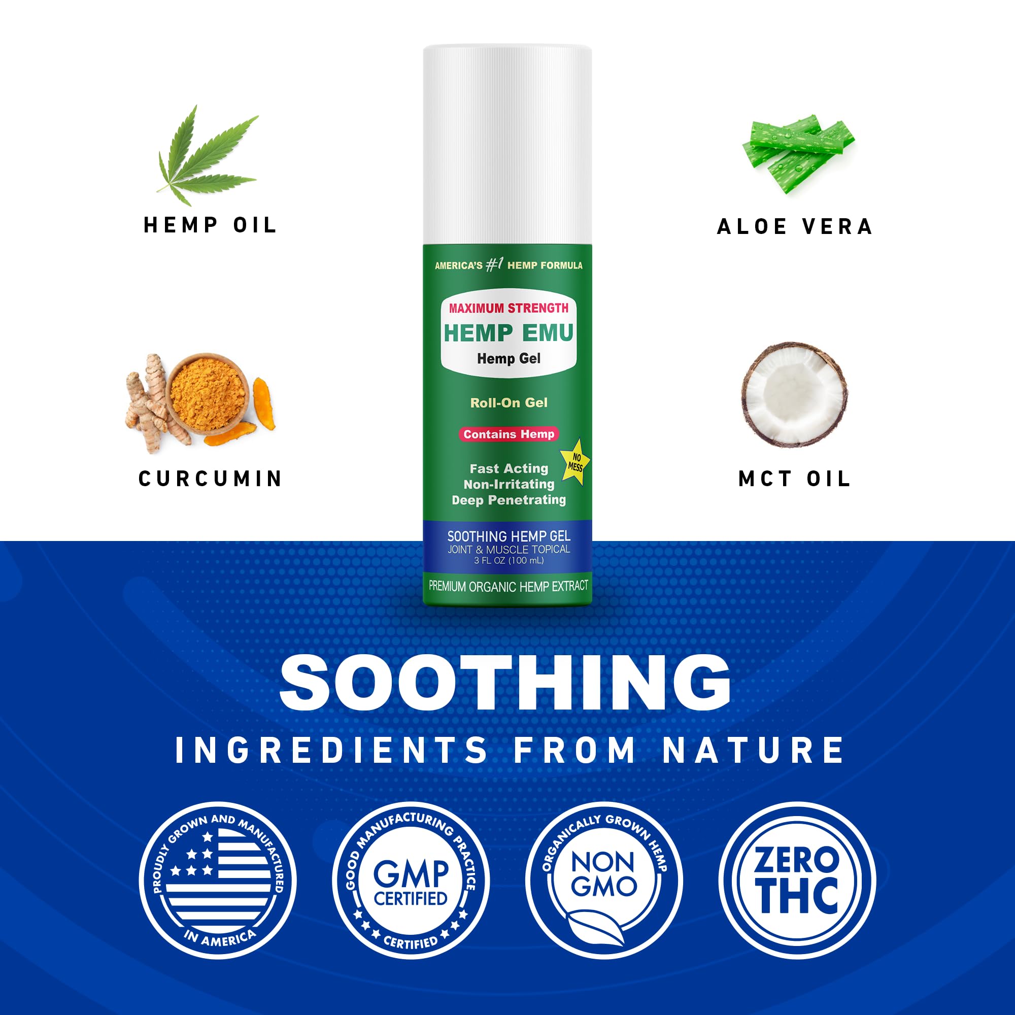 Hemp Emu - Hemp Roll On Gel - Muscle Rub for Back & Joint Discomfort - Soothing Gel with Organic Hemp Oil, Emu Oil, Menthol, Eucalyptus, Aloe Vera Hemp Emu Au supplements