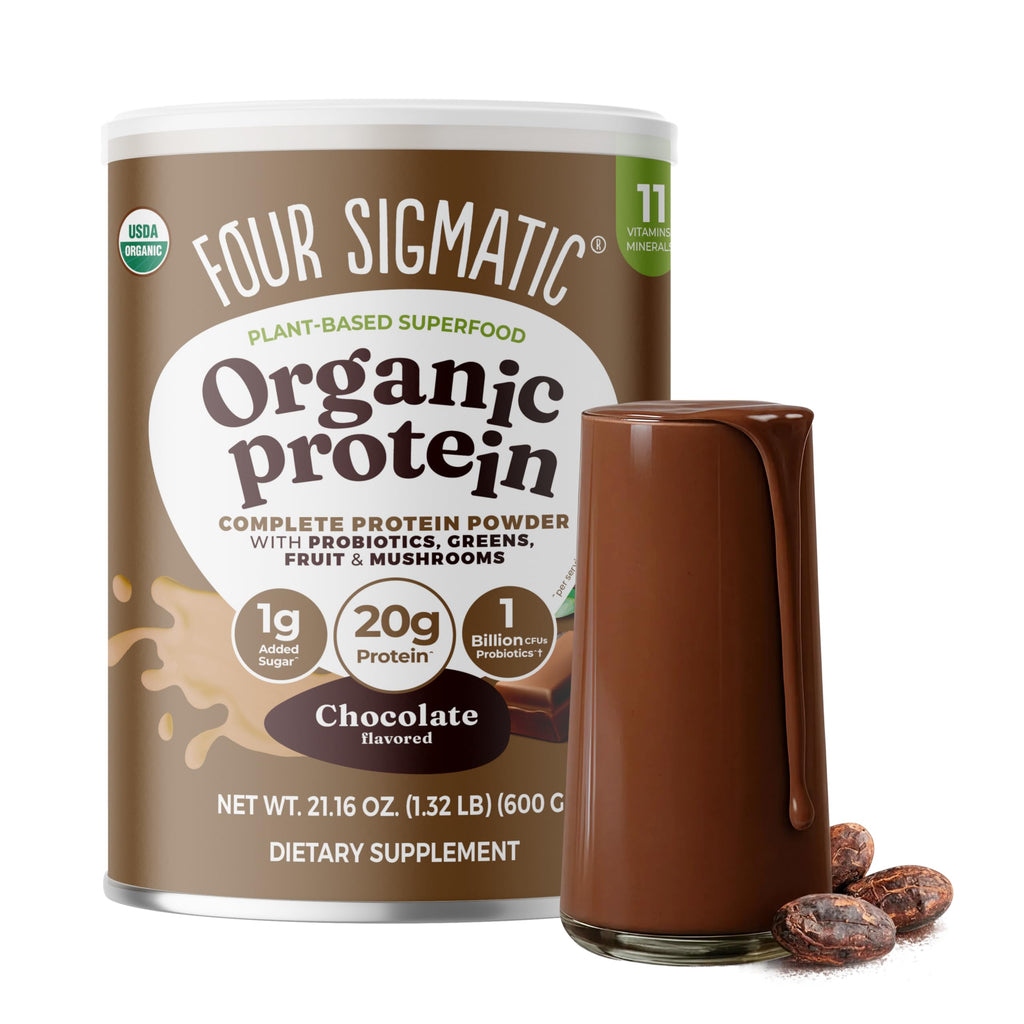 Four Sigmatic Organic Plant-Based Protein Powder | Clean Vegan Protein Elevated with Lion’s Mane, Chaga, Cordyceps and More for Brain Function and Immune Support | Creamy Cacao, 21.16 oz