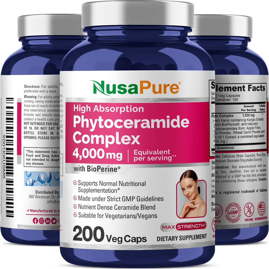 NusaPure Phytoceramide Complex 10:1 Extract, 1030 mg Equivalent to 4000 mg 200 Veggie Capsules (Non-GMO) Bioperine NusaPure Au supplements